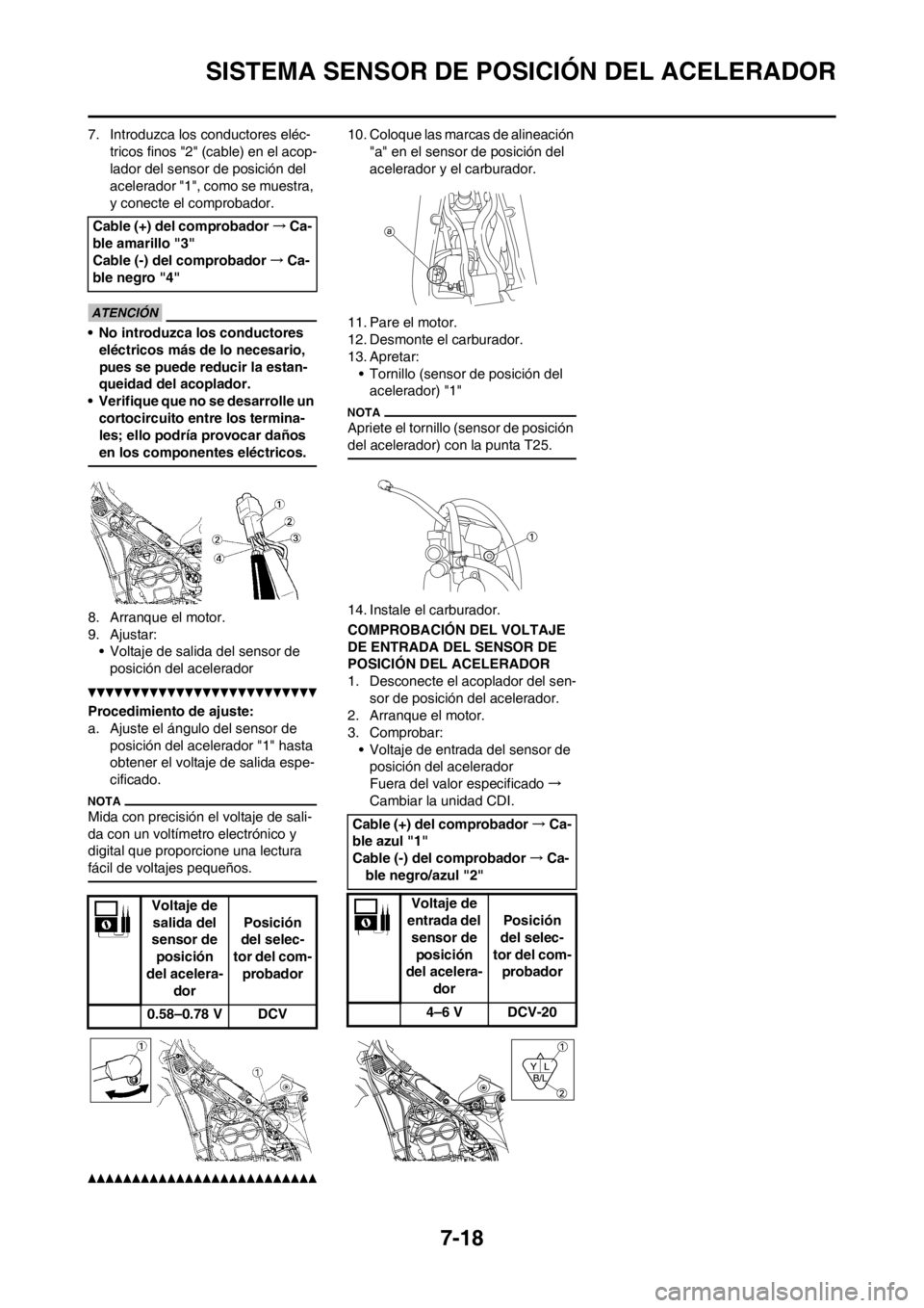YAMAHA WR 250F 2013 Manuale de Empleo (in Spanish) 7-18
SISTEMA SENSOR DE POSICIÓN DEL ACELERADOR
7. Introduzca los conductores eléc-
tricos finos "2" (cable) en el acop-
lador del sensor de posición del
acelerador "1", como se muestra,
y conecte YAMAHA WR 250F 2013 Manuale de Empleo (in Spanish) 7-18
SISTEMA SENSOR DE POSICIÓN DEL ACELERADOR
7. Introduzca los conductores eléc-
tricos finos "2" (cable) en el acop-
lador del sensor de posición del
acelerador "1", como se muestra,
y conecte