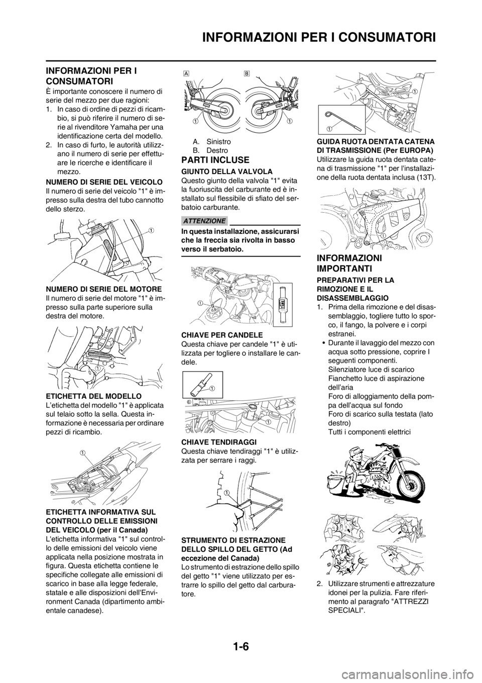 YAMAHA WR 250F 2013 Manuale duso (in Italian) 1-6
INFORMAZIONI PER I CONSUMATORI
INFORMAZIONI PER I
CONSUMATORI
È importante conoscere il numero di
serie del mezzo per due ragioni:
1. In caso di ordine di pezzi di ricam-
bio, si può riferire YAMAHA WR 250F 2013 Manuale duso (in Italian) 1-6
INFORMAZIONI PER I CONSUMATORI
INFORMAZIONI PER I
CONSUMATORI
È importante conoscere il numero di
serie del mezzo per due ragioni:
1. In caso di ordine di pezzi di ricam-
bio, si può riferire
