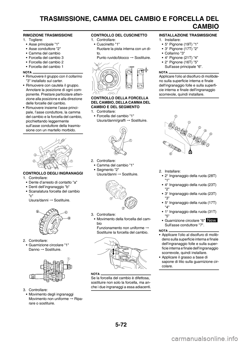 YAMAHA WR 250F 2013  Manuale duso (in Italian) 5-72
TRASMISSIONE, CAMMA DEL CAMBIO E FORCELLA DEL
CAMBIO
RIMOZIONE TRASMISSIONE
1. Togliere:
• Asse principale "1"
• Asse conduttore "2"
• Camma del cambio
• Forcella del cambio 3
• Forcell