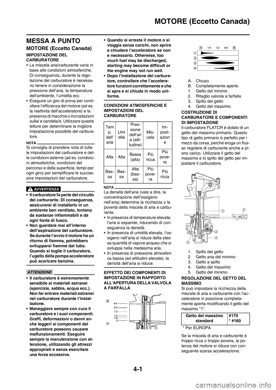 YAMAHA WR 250F 2013 Manuale duso (in Italian) 4-1
MOTORE (Eccetto Canada)
MESSA A PUNTO
MOTORE (Eccetto Canada)
IMPOSTAZIONE DEL
CARBURATORE
• La miscela aria/carburante varia in
base alle condizioni atmosferiche.
Di conseguenza, durante la YAMAHA WR 250F 2013 Manuale duso (in Italian) 4-1
MOTORE (Eccetto Canada)
MESSA A PUNTO
MOTORE (Eccetto Canada)
IMPOSTAZIONE DEL
CARBURATORE
• La miscela aria/carburante varia in
base alle condizioni atmosferiche.
Di conseguenza, durante la