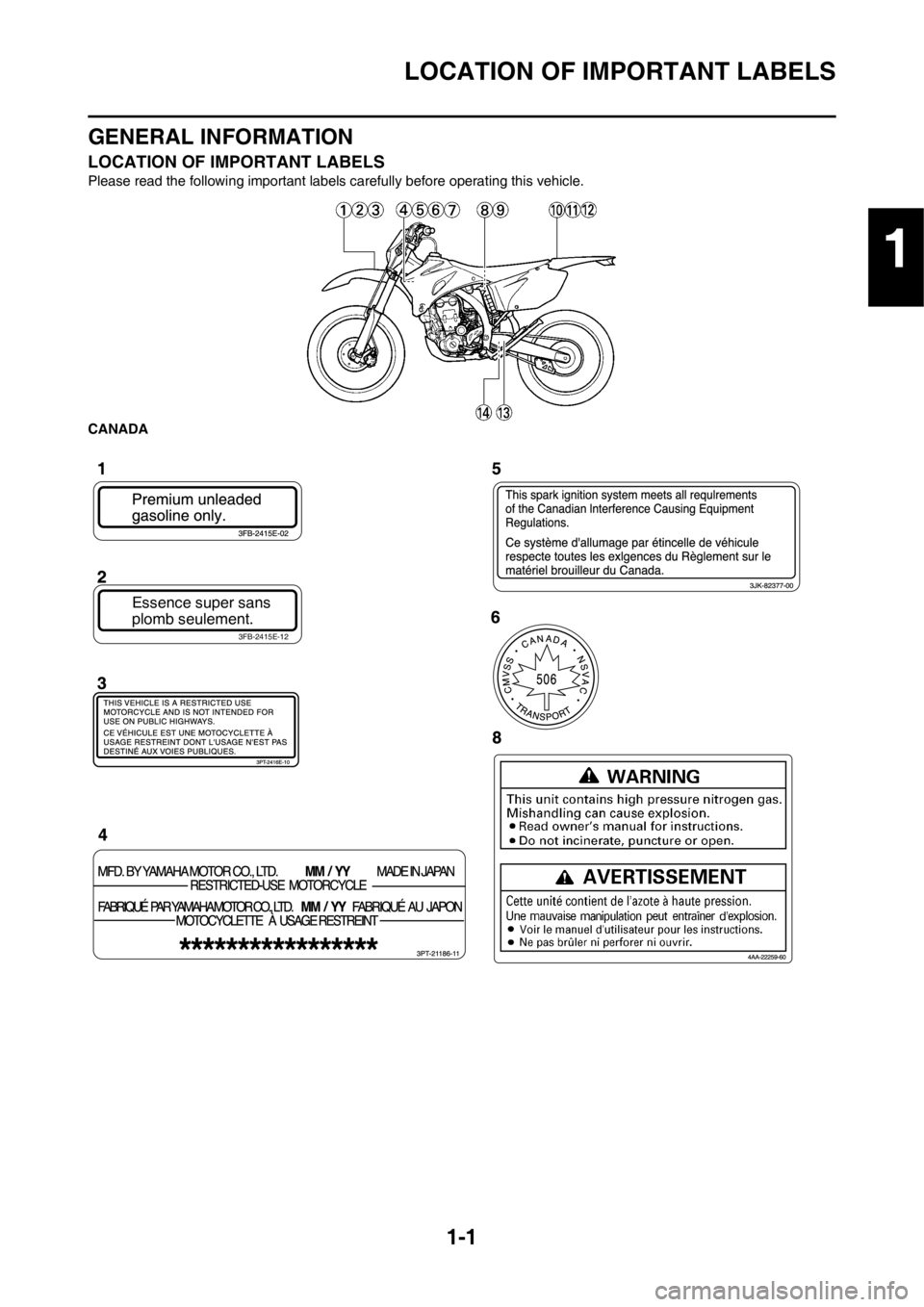 YAMAHA WR 250F 2012 User Guide 1-1
LOCATION OF IMPORTANT LABELS
GENERAL INFORMATION
LOCATION OF IMPORTANT LABELS
Please read the following important labels carefully before operating this vehicle.
CANADA
Essence super sans
plomb se