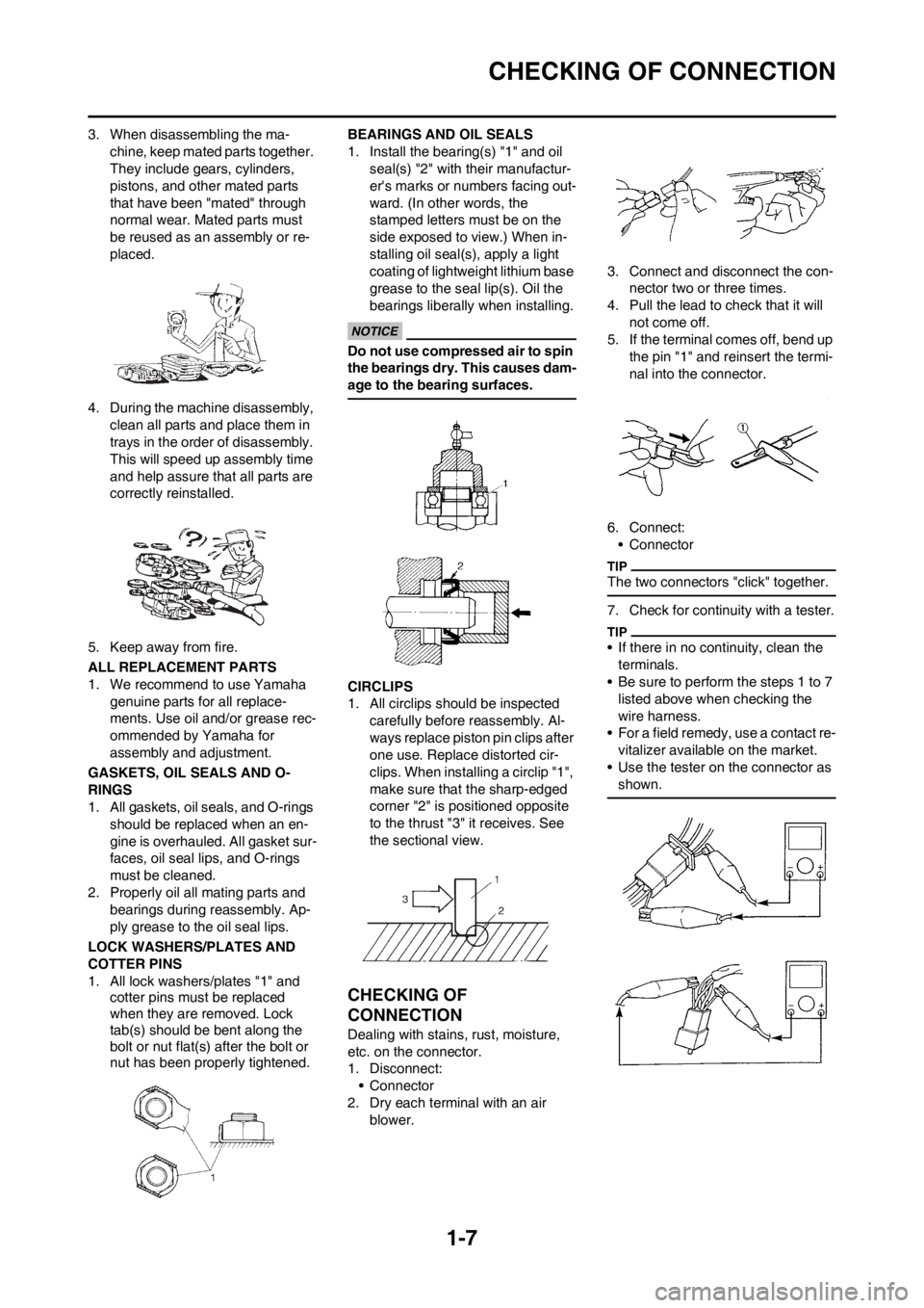 YAMAHA WR 250F 2012 User Guide 1-7
CHECKING OF CONNECTION
3. When disassembling the ma-
chine, keep mated parts together. 
They include gears, cylinders, 
pistons, and other mated parts 
that have been "mated" through 
normal wear.