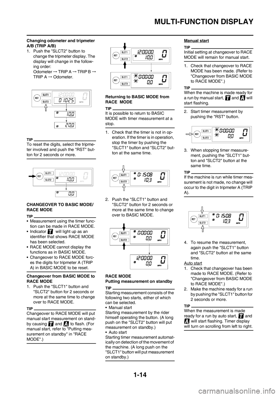 YAMAHA WR 250F 2012 Owners Manual 1-14
MULTI-FUNCTION DISPLAY
Changing odometer and tripmeter
A/B (TRIP A/B)
1. Push the "SLCT2" button to
change the tripmeter display. The
display will change in the follow-
ing order:
Odometer → YAMAHA WR 250F 2012 Owners Manual 1-14
MULTI-FUNCTION DISPLAY
Changing odometer and tripmeter
A/B (TRIP A/B)
1. Push the "SLCT2" button to
change the tripmeter display. The
display will change in the follow-
ing order:
Odometer →