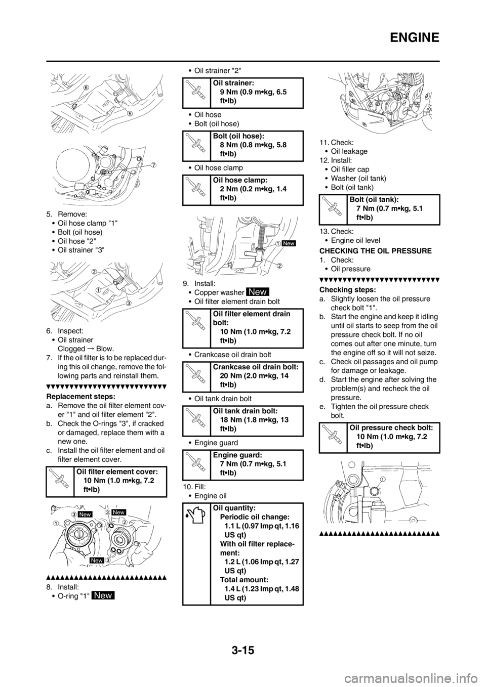 YAMAHA WR 250F 2012  Owners Manual 3-15
ENGINE
5. Remove:
• Oil hose clamp "1"
• Bolt (oil hose)
• Oil hose "2"
• Oil strainer "3"
6. Inspect:
• Oil strainer
Clogged→Blow.
7. If the oil filter is to be replaced dur-
ing thi