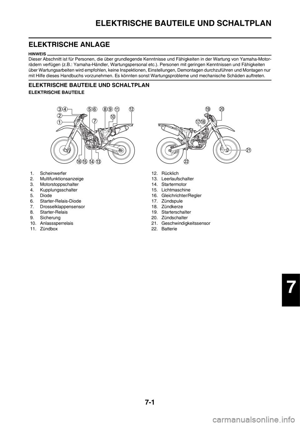 YAMAHA WR 250F 2012  Betriebsanleitungen (in German) 7-1
ELEKTRISCHE BAUTEILE UND SCHALTPLAN
ELEKTRISCHE ANLAGE
Dieser Abschnitt ist für Personen, die über grundlegende Kenntnisse und Fähigkeiten in der Wartung von Yamaha-Motor-
rädern verfügen (z.