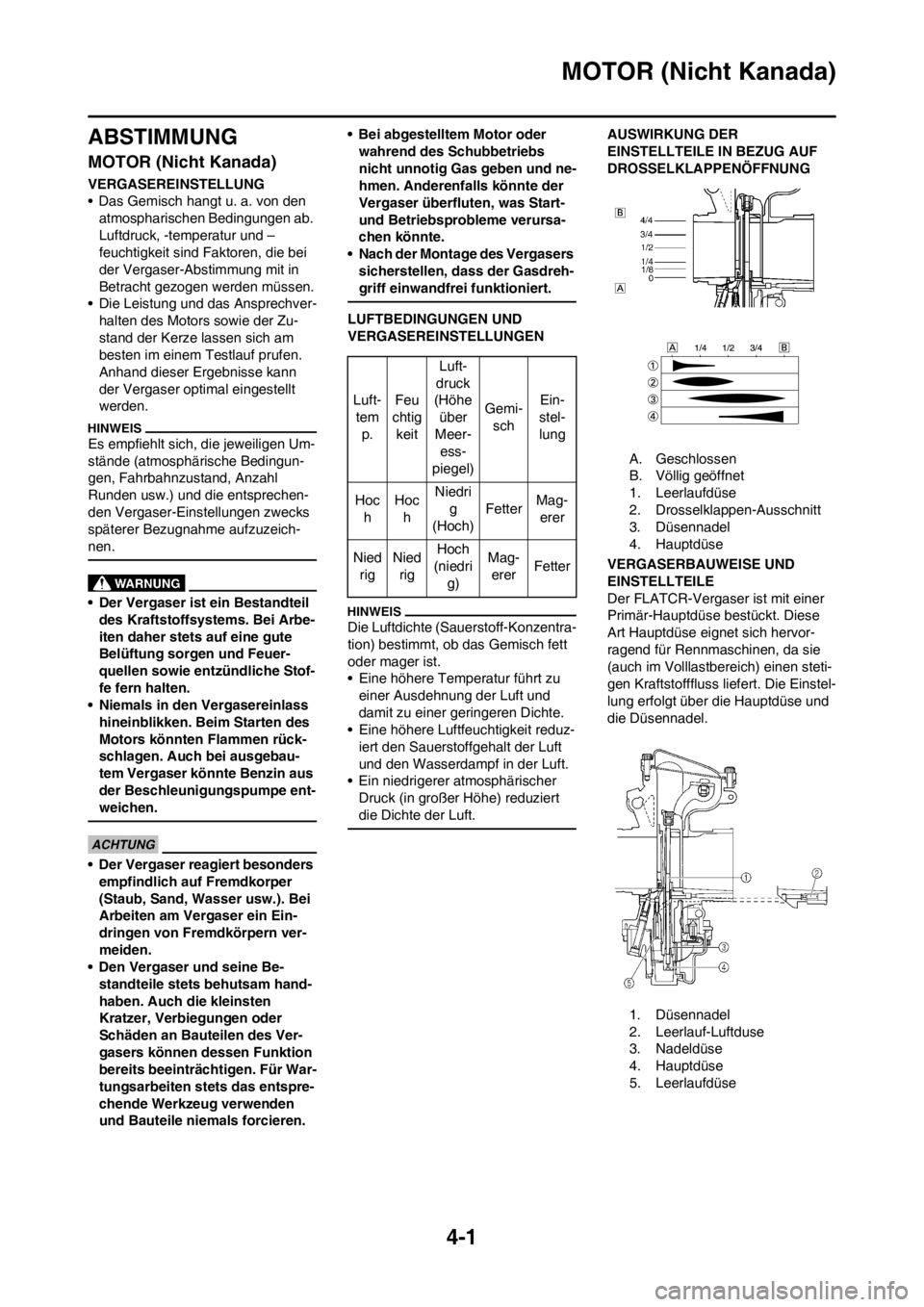 YAMAHA WR 250F 2012 Betriebsanleitungen (in German) 4-1
MOTOR (Nicht Kanada)
ABSTIMMUNG
MOTOR (Nicht Kanada)
VERGASEREINSTELLUNG
• Das Gemisch hangt u. a. von den atmospharischen Bedingungen ab.
Luftdruck, -temperatur und –
feuchtigkeit sind Fakto YAMAHA WR 250F 2012 Betriebsanleitungen (in German) 4-1
MOTOR (Nicht Kanada)
ABSTIMMUNG
MOTOR (Nicht Kanada)
VERGASEREINSTELLUNG
• Das Gemisch hangt u. a. von den atmospharischen Bedingungen ab.
Luftdruck, -temperatur und –
feuchtigkeit sind Fakto
