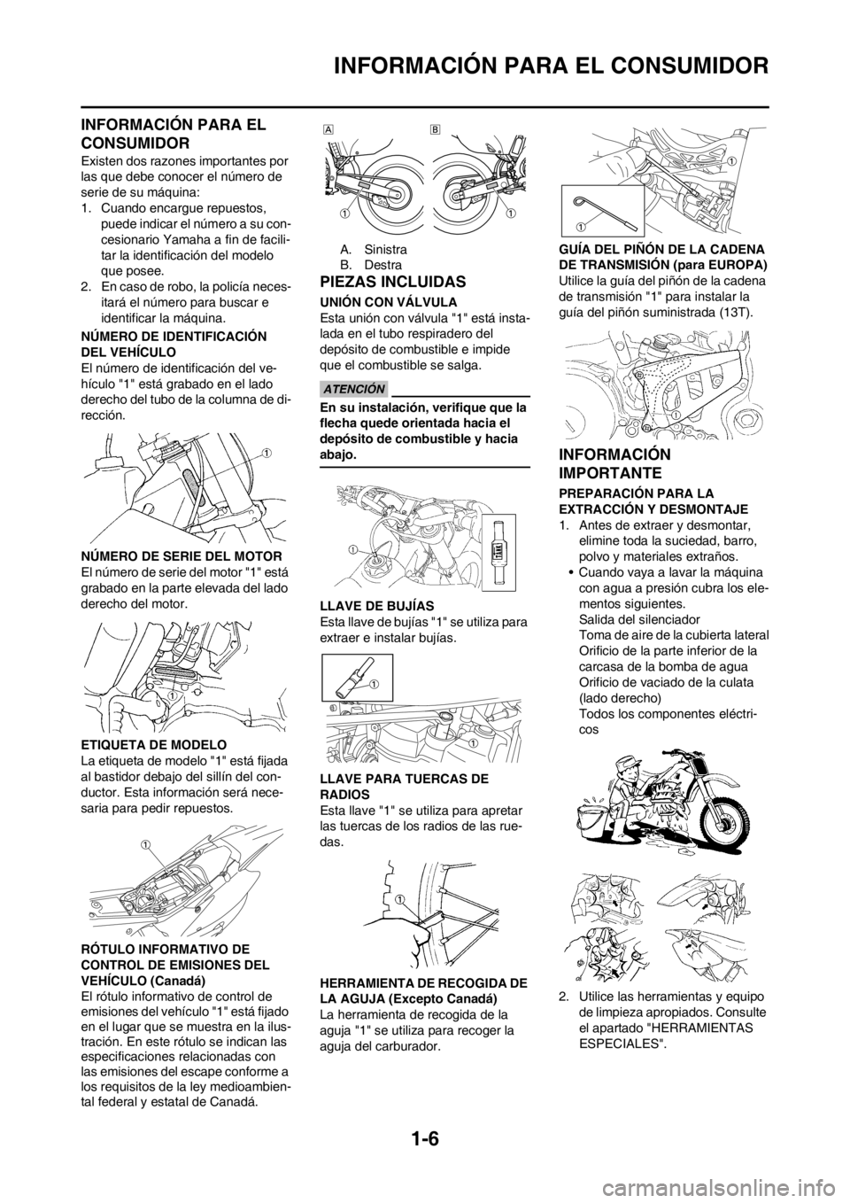 YAMAHA WR 250F 2012 Manuale de Empleo (in Spanish) 1-6
INFORMACIÓN PARA EL CONSUMIDOR
INFORMACIÓN PARA EL
CONSUMIDOR
Existen dos razones importantes por
las que debe conocer el número de
serie de su máquina:
1. Cuando encargue repuestos,
puede YAMAHA WR 250F 2012 Manuale de Empleo (in Spanish) 1-6
INFORMACIÓN PARA EL CONSUMIDOR
INFORMACIÓN PARA EL
CONSUMIDOR
Existen dos razones importantes por
las que debe conocer el número de
serie de su máquina:
1. Cuando encargue repuestos,
puede