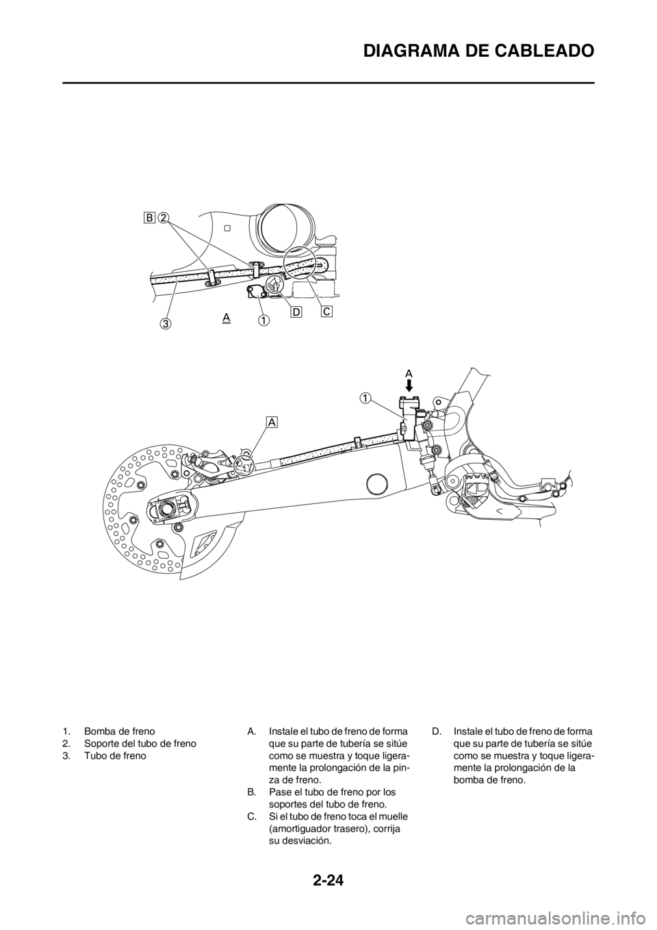 YAMAHA WR 250F 2012 Manuale de Empleo (in Spanish) 2-24
DIAGRAMA DE CABLEADO
1. Bomba de freno
2. Soporte del tubo de freno
3. Tubo de frenoA. Instale el tubo de freno de forma
que su parte de tubería se sitúe
como se muestra y toque ligera-
mente YAMAHA WR 250F 2012 Manuale de Empleo (in Spanish) 2-24
DIAGRAMA DE CABLEADO
1. Bomba de freno
2. Soporte del tubo de freno
3. Tubo de frenoA. Instale el tubo de freno de forma
que su parte de tubería se sitúe
como se muestra y toque ligera-
mente