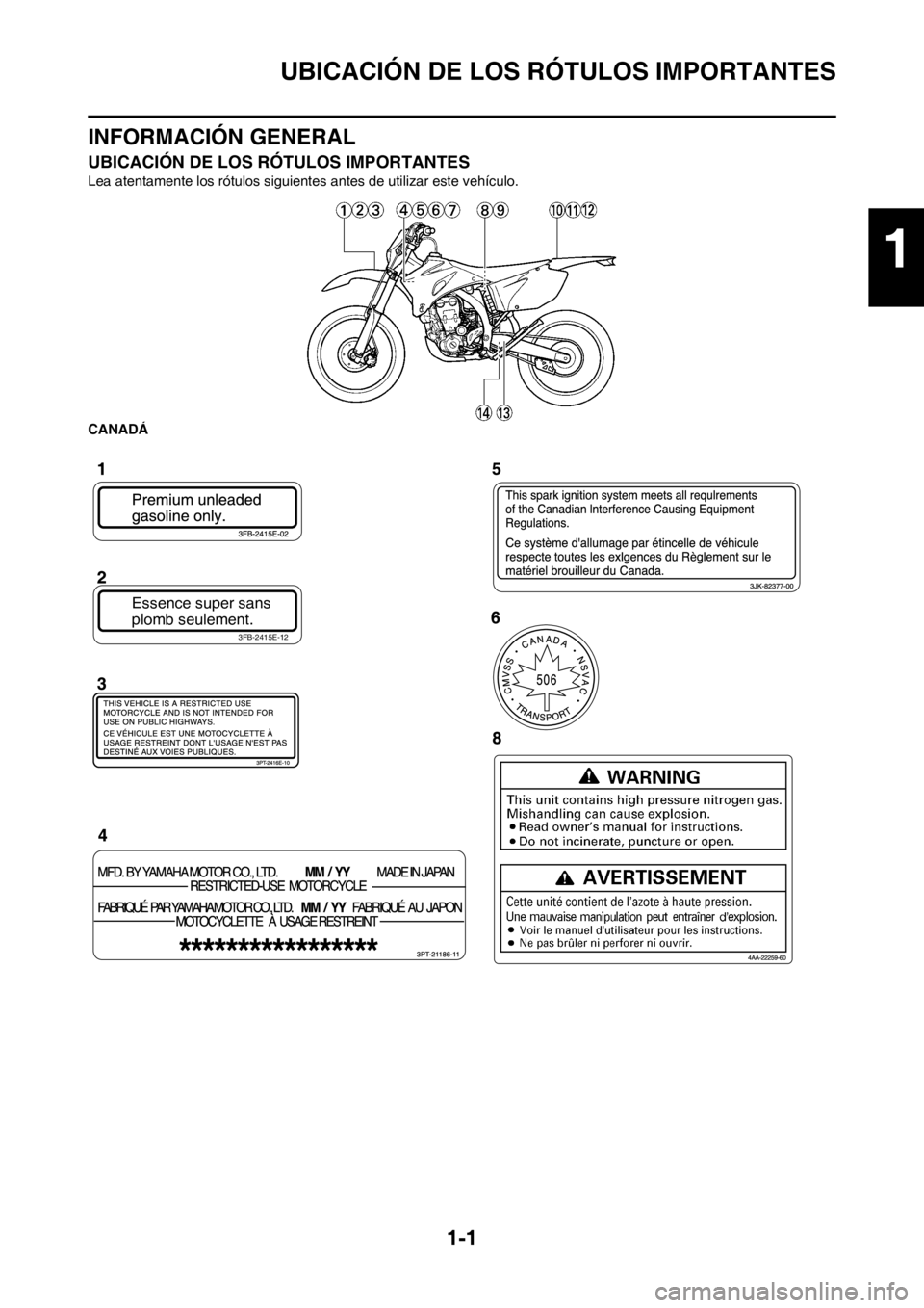 YAMAHA WR 250F 2012  Manuale de Empleo (in Spanish) 1-1
UBICACIÓN DE LOS RÓTULOS IMPORTANTES
INFORMACIÓN GENERAL
UBICACIÓN DE LOS RÓTULOS IMPORTANTES
Lea atentamente los rótulos siguientes antes de utilizar este vehículo.
CANADÁ
Essence super s