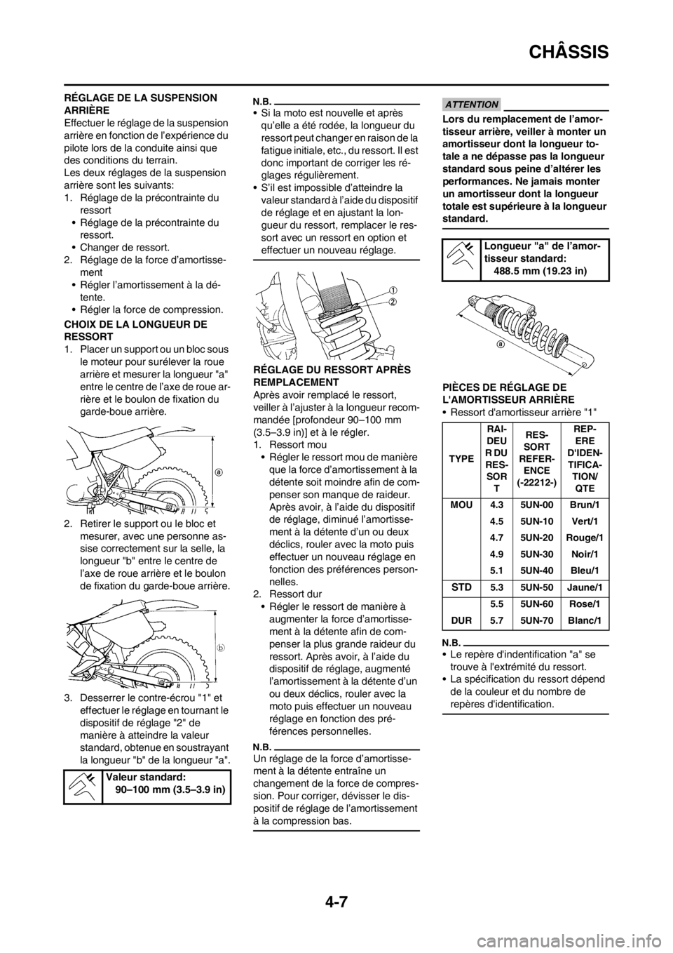 YAMAHA WR 250F 2012 Notices Demploi (in French) 4-7
CHÂSSIS
RÉGLAGE DE LA SUSPENSION
ARRIÈRE
Effectuer le réglage de la suspension
arrière en fonction de l’expérience du
pilote lors de la conduite ainsi que
des conditions du terrain.
Le YAMAHA WR 250F 2012 Notices Demploi (in French) 4-7
CHÂSSIS
RÉGLAGE DE LA SUSPENSION
ARRIÈRE
Effectuer le réglage de la suspension
arrière en fonction de l’expérience du
pilote lors de la conduite ainsi que
des conditions du terrain.
Le