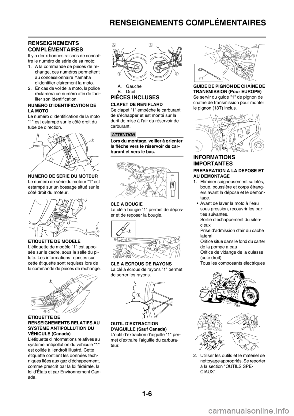YAMAHA WR 250F 2012 Notices Demploi (in French) 1-6
RENSEIGNEMENTS COMPLÉMENTAIRES
RENSEIGNEMENTS
COMPLÉMENTAIRES
Il y a deux bonnes raisons de connaî-
tre le numéro de série de sa moto:
1. A la commande de pièces de re-
change, ces numéros YAMAHA WR 250F 2012 Notices Demploi (in French) 1-6
RENSEIGNEMENTS COMPLÉMENTAIRES
RENSEIGNEMENTS
COMPLÉMENTAIRES
Il y a deux bonnes raisons de connaî-
tre le numéro de série de sa moto:
1. A la commande de pièces de re-
change, ces numéros