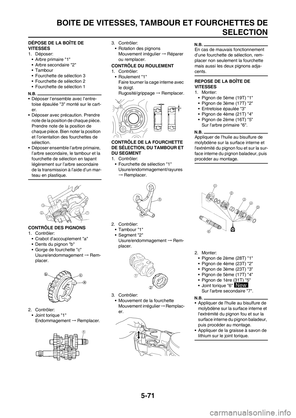 YAMAHA WR 250F 2012 Notices Demploi (in French) 5-71
BOITE DE VITESSES, TAMBOUR ET FOURCHETTES DE
SELECTION
DÉPOSE DE LA BOÎTE DE
VITESSES
1. Déposer:
• Arbre primaire "1"
• Arbre secondaire "2"
• Tambour
• Fourchette de sélection 3
†YAMAHA WR 250F 2012 Notices Demploi (in French) 5-71
BOITE DE VITESSES, TAMBOUR ET FOURCHETTES DE
SELECTION
DÉPOSE DE LA BOÎTE DE
VITESSES
1. Déposer:
• Arbre primaire "1"
• Arbre secondaire "2"
• Tambour
• Fourchette de sélection 3
â€