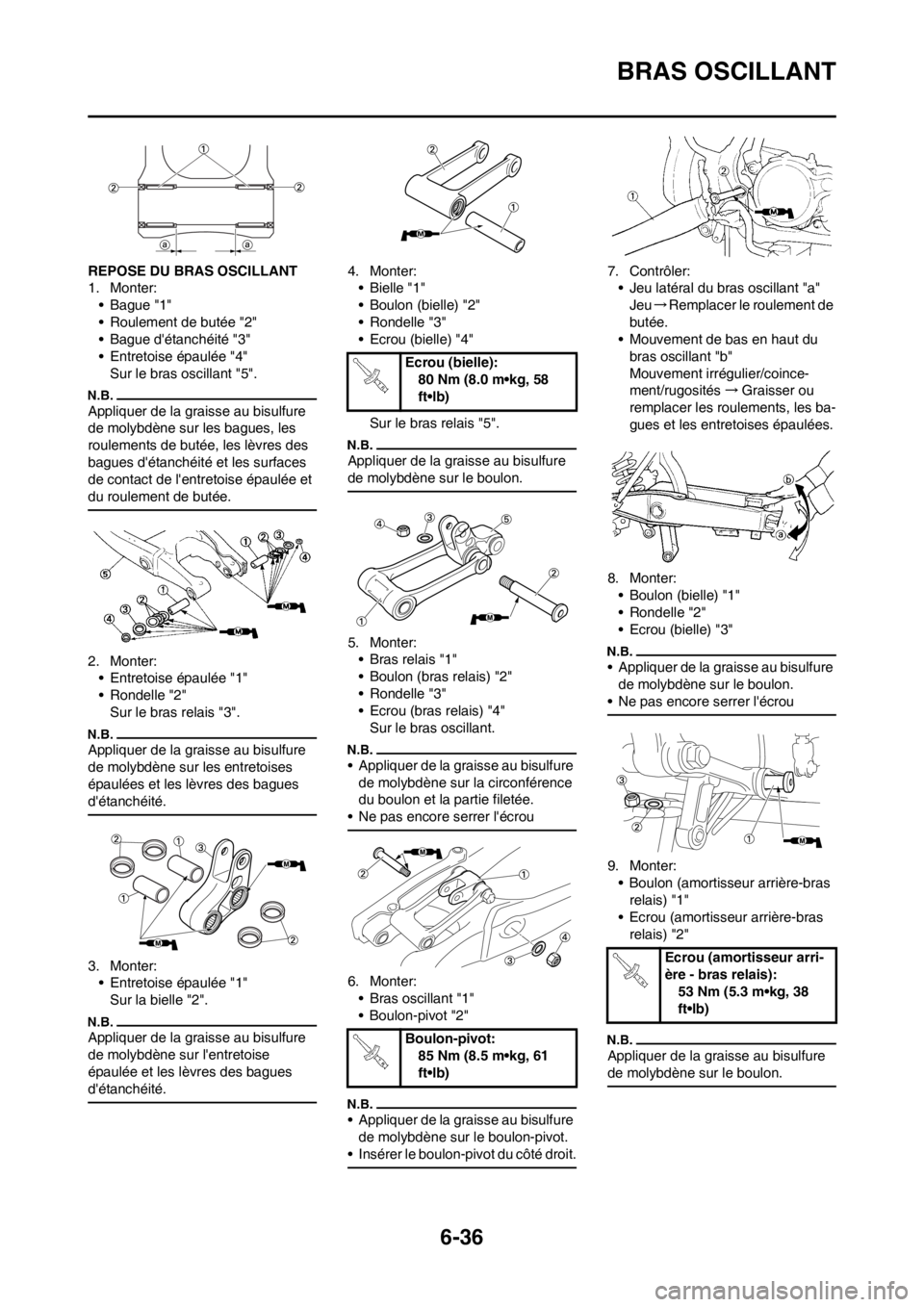 YAMAHA WR 250F 2012 Notices Demploi (in French) 6-36
BRAS OSCILLANT
REPOSE DU BRAS OSCILLANT
1. Monter:
• Bague "1"
• Roulement de butée "2"
• Bague détanchéité "3"
• Entretoise épaulée "4"
Sur le bras oscillant "5".
Appliquer de la YAMAHA WR 250F 2012 Notices Demploi (in French) 6-36
BRAS OSCILLANT
REPOSE DU BRAS OSCILLANT
1. Monter:
• Bague "1"
• Roulement de butée "2"
• Bague détanchéité "3"
• Entretoise épaulée "4"
Sur le bras oscillant "5".
Appliquer de la