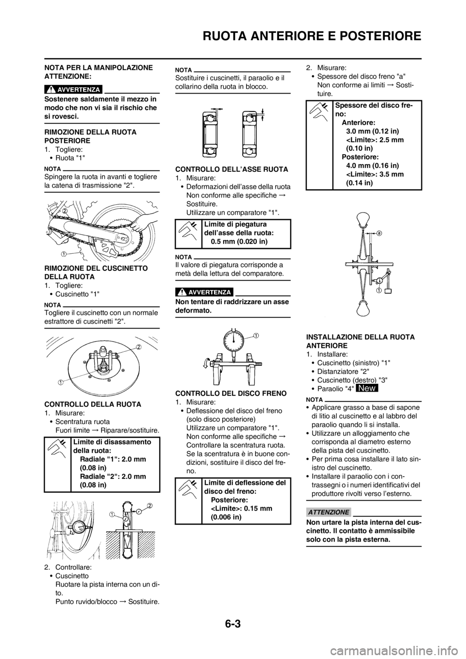 YAMAHA WR 250F 2012 Manuale duso (in Italian) 6-3
RUOTA ANTERIORE E POSTERIORE
NOTA PER LA MANIPOLAZIONE
ATTENZIONE:
Sostenere saldamente il mezzo in
modo che non vi sia il rischio che
si rovesci.
RIMOZIONE DELLA RUOTA
POSTERIORE
1. Togliere: YAMAHA WR 250F 2012 Manuale duso (in Italian) 6-3
RUOTA ANTERIORE E POSTERIORE
NOTA PER LA MANIPOLAZIONE
ATTENZIONE:
Sostenere saldamente il mezzo in
modo che non vi sia il rischio che
si rovesci.
RIMOZIONE DELLA RUOTA
POSTERIORE
1. Togliere: