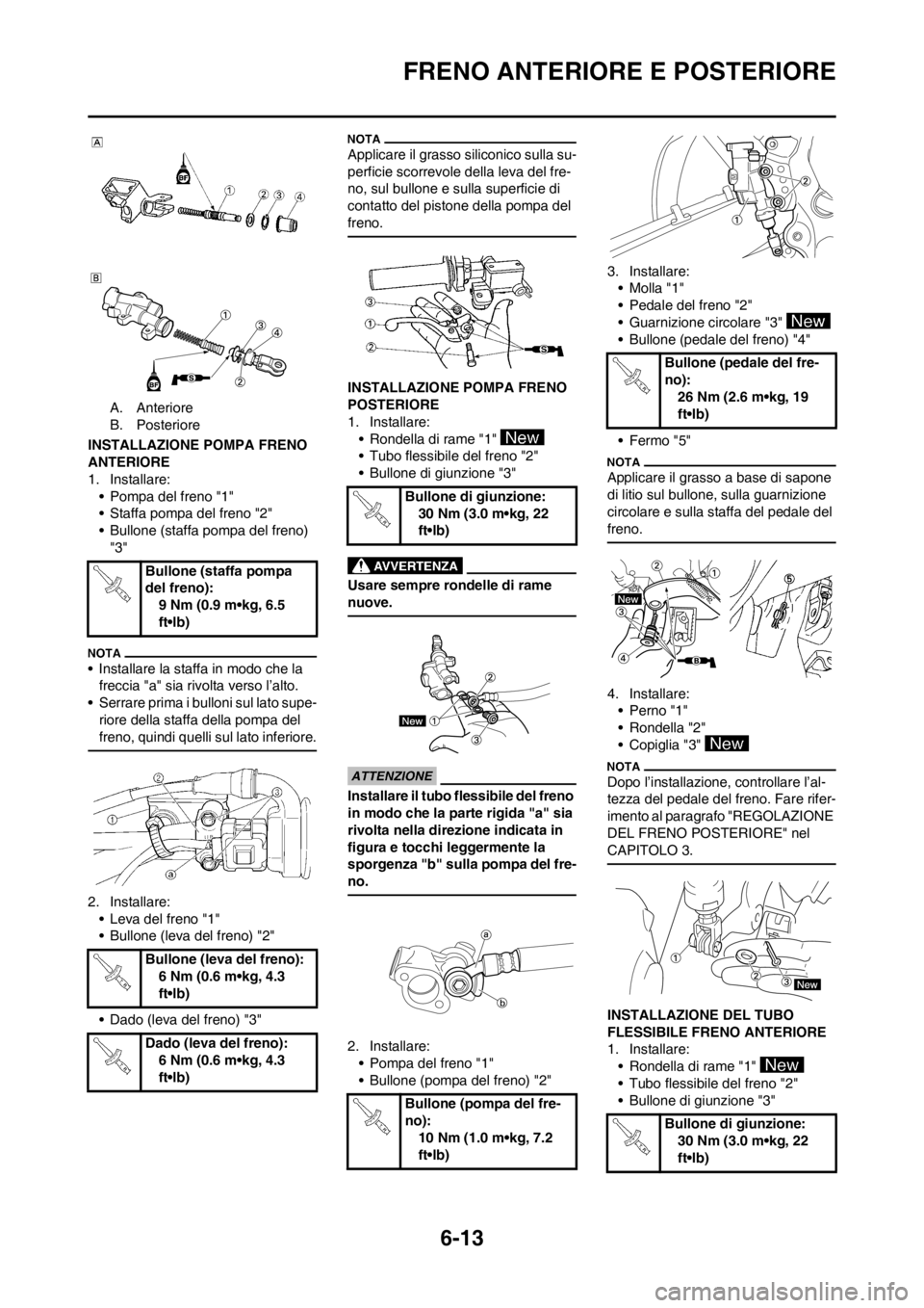 YAMAHA WR 250F 2012 Manuale duso (in Italian) 6-13
FRENO ANTERIORE E POSTERIORE
A. Anteriore
B. Posteriore
INSTALLAZIONE POMPA FRENO
ANTERIORE
1. Installare:
• Pompa del freno "1"
• Staffa pompa del freno "2"
• Bullone (staffa pompa del fr YAMAHA WR 250F 2012 Manuale duso (in Italian) 6-13
FRENO ANTERIORE E POSTERIORE
A. Anteriore
B. Posteriore
INSTALLAZIONE POMPA FRENO
ANTERIORE
1. Installare:
• Pompa del freno "1"
• Staffa pompa del freno "2"
• Bullone (staffa pompa del fr