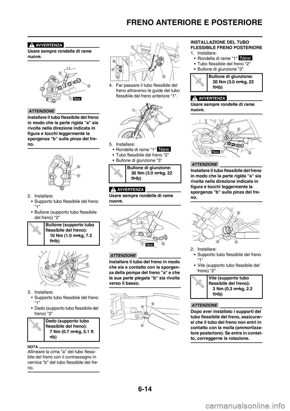 YAMAHA WR 250F 2012 Manuale duso (in Italian) 6-14
FRENO ANTERIORE E POSTERIORE
Usare sempre rondelle di rame
nuove.
Installare il tubo flessibile del freno
in modo che la parte rigida "a" sia
rivolta nella direzione indicata in
figura e tocc YAMAHA WR 250F 2012 Manuale duso (in Italian) 6-14
FRENO ANTERIORE E POSTERIORE
Usare sempre rondelle di rame
nuove.
Installare il tubo flessibile del freno
in modo che la parte rigida "a" sia
rivolta nella direzione indicata in
figura e tocc