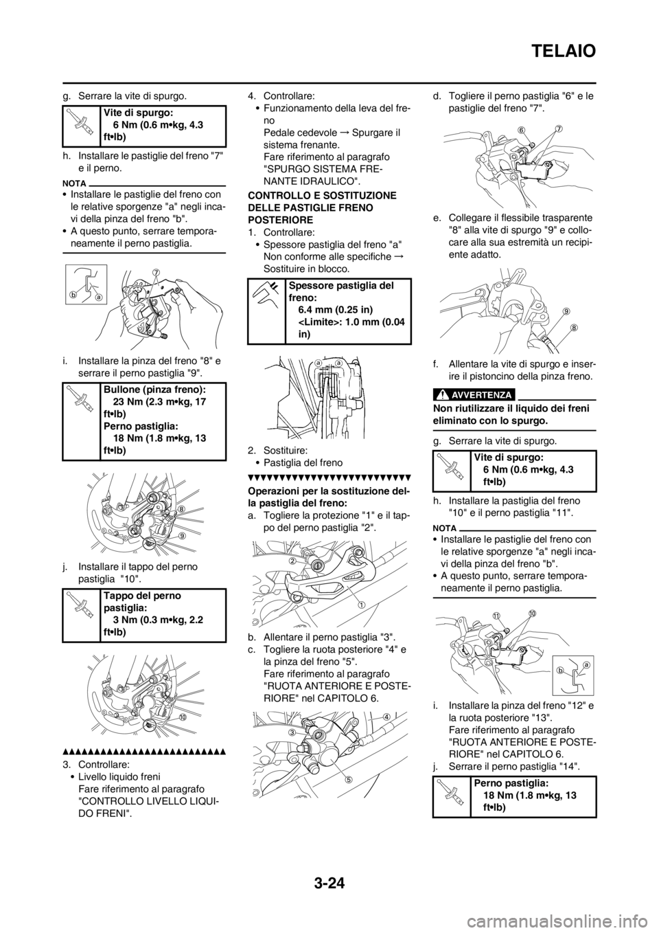 YAMAHA WR 250F 2012 Manuale duso (in Italian) 3-24
TELAIO
g. Serrare la vite di spurgo.
h. Installare le pastiglie del freno "7"
e il perno.
• Installare le pastiglie del freno con
le relative sporgenze "a" negli inca-
vi della pinza del fren YAMAHA WR 250F 2012 Manuale duso (in Italian) 3-24
TELAIO
g. Serrare la vite di spurgo.
h. Installare le pastiglie del freno "7"
e il perno.
• Installare le pastiglie del freno con
le relative sporgenze "a" negli inca-
vi della pinza del fren