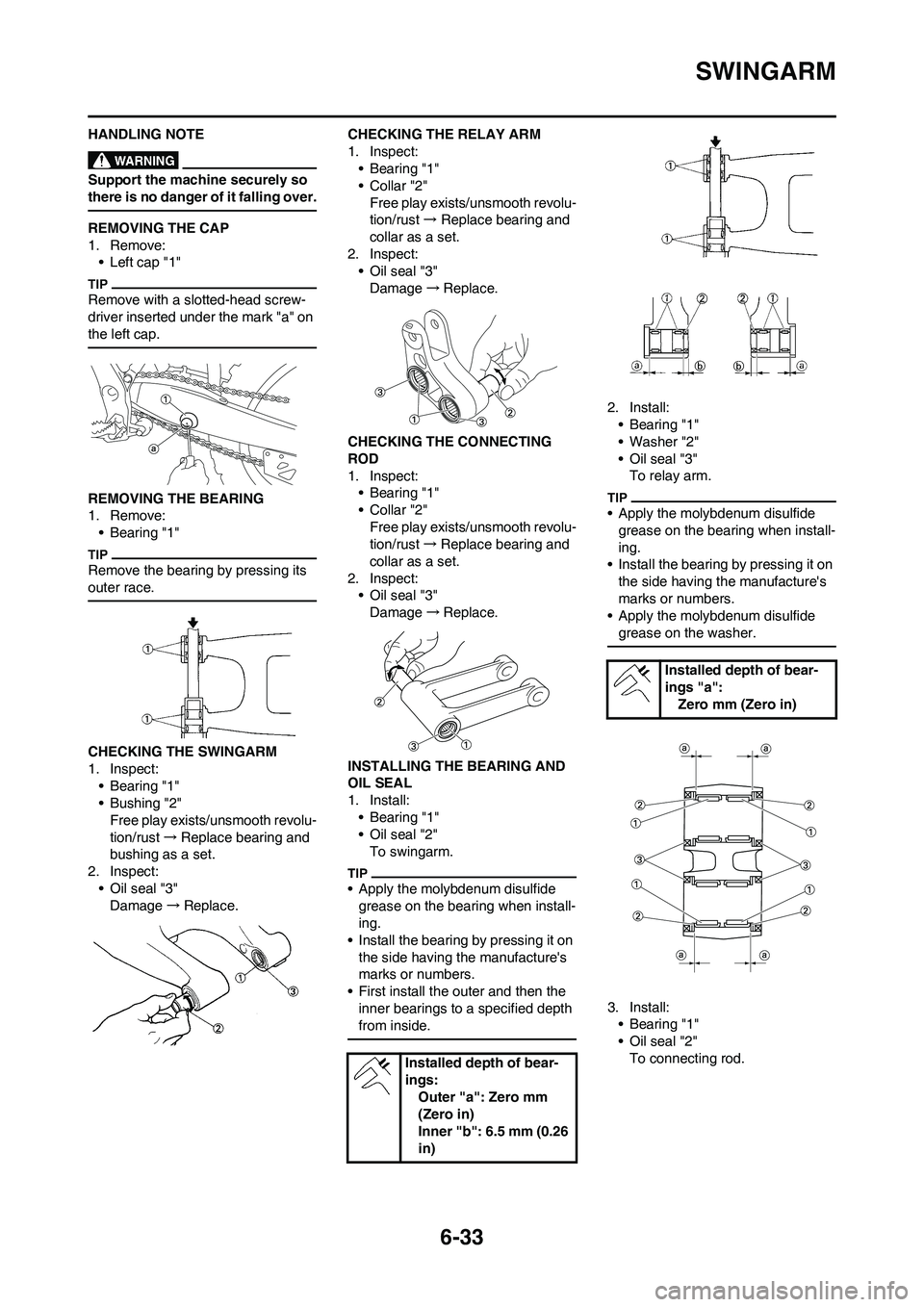 YAMAHA WR 250F 2011  Owners Manual 6-33
SWINGARM
HANDLING NOTE
Support the machine securely so 
there is no danger of it falling over.
REMOVING THE CAP
1. Remove:
• Left cap "1"
Remove with a slotted-head screw-
driver inserted under