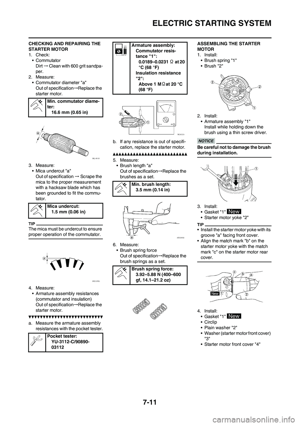 YAMAHA WR 250F 2011  Owners Manual 7-11
ELECTRIC STARTING SYSTEM
CHECKING AND REPAIRING THE 
STARTER MOTOR
1. Check:
• Commutator
Dirt→Clean with 600 grit sandpa-
per.
2. Measure:
• Commutator diameter "a"
Out of specification→
