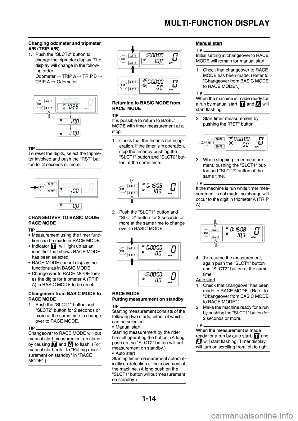 YAMAHA WR 250F 2011 Owners Manual 1-14
MULTI-FUNCTION DISPLAY
Changing odometer and tripmeter
A/B (TRIP A/B)
1. Push the "SLCT2" button to
change the tripmeter display. The
display will change in the follow-
ing order:
Odometer → YAMAHA WR 250F 2011 Owners Manual 1-14
MULTI-FUNCTION DISPLAY
Changing odometer and tripmeter
A/B (TRIP A/B)
1. Push the "SLCT2" button to
change the tripmeter display. The
display will change in the follow-
ing order:
Odometer →