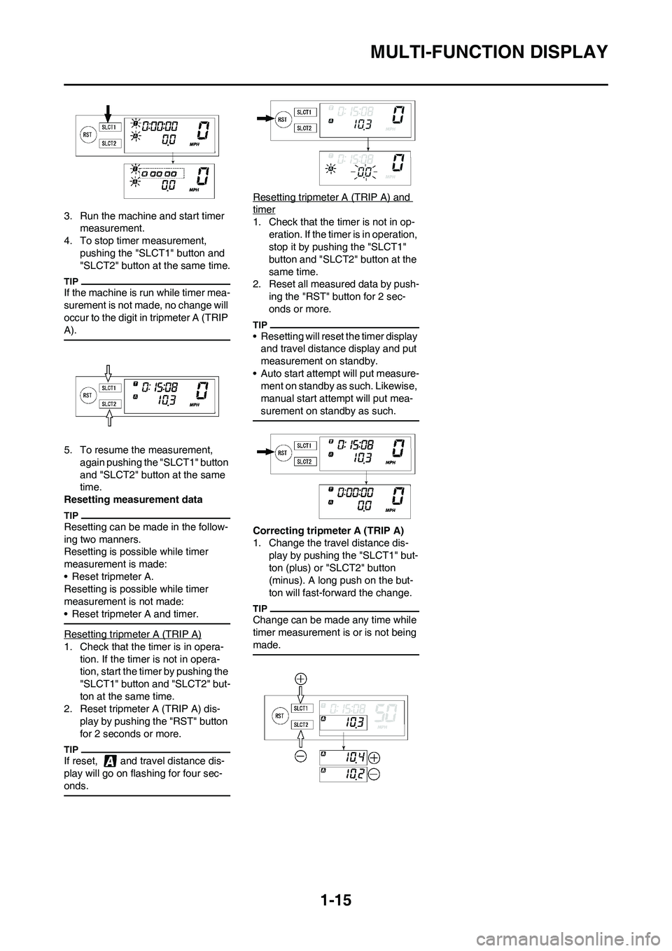 YAMAHA WR 250F 2011 Owners Manual 1-15
MULTI-FUNCTION DISPLAY
3. Run the machine and start timer
measurement.
4. To stop timer measurement,
pushing the "SLCT1" button and
"SLCT2" button at the same time.
If the machine is run while YAMAHA WR 250F 2011 Owners Manual 1-15
MULTI-FUNCTION DISPLAY
3. Run the machine and start timer
measurement.
4. To stop timer measurement,
pushing the "SLCT1" button and
"SLCT2" button at the same time.
If the machine is run while