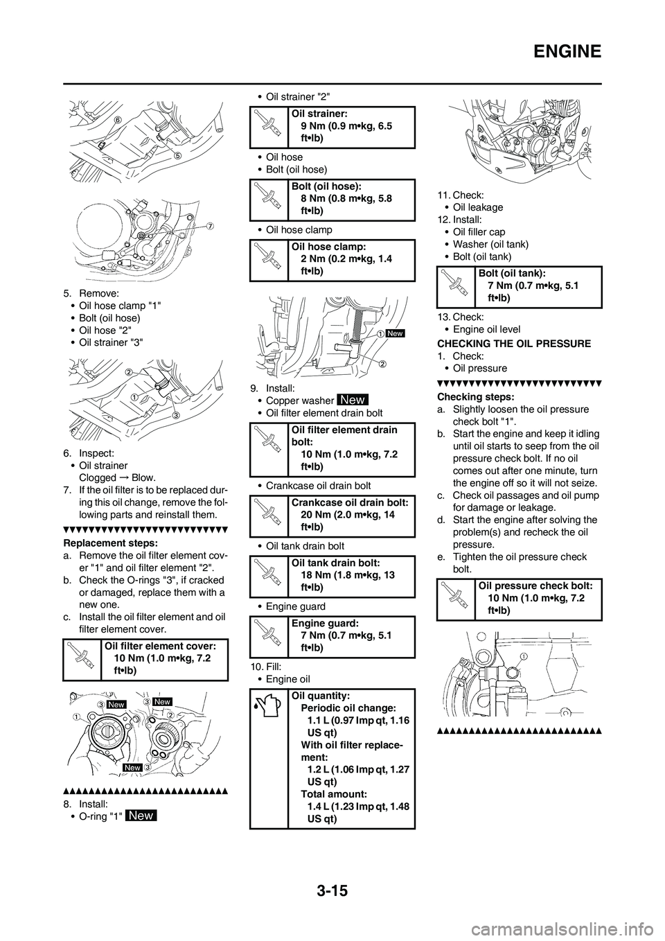 YAMAHA WR 250F 2011 User Guide 3-15
ENGINE
5. Remove:
• Oil hose clamp "1"
• Bolt (oil hose)
• Oil hose "2"
• Oil strainer "3"
6. Inspect:
• Oil strainer
Clogged→Blow.
7. If the oil filter is to be replaced dur-
ing thi YAMAHA WR 250F 2011 User Guide 3-15
ENGINE
5. Remove:
• Oil hose clamp "1"
• Bolt (oil hose)
• Oil hose "2"
• Oil strainer "3"
6. Inspect:
• Oil strainer
Clogged→Blow.
7. If the oil filter is to be replaced dur-
ing thi