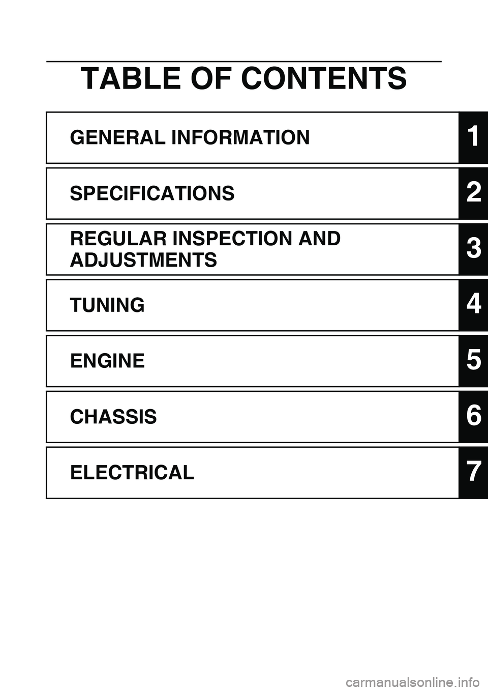 YAMAHA WR 250F 2011  Owners Manual TABLE OF CONTENTS
GENERAL INFORMATION1
SPECIFICATIONS2
REGULAR INSPECTION AND 
ADJUSTMENTS
3
TUNING4
ENGINE5
CHASSIS6
ELECTRICAL7 