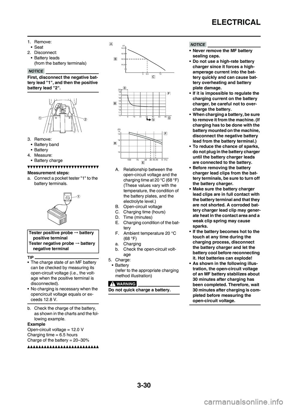 YAMAHA WR 250F 2011 Manual Online 3-30
ELECTRICAL
1. Remove:
• Seat
2. Disconnect:
• Battery leads
(from the battery terminals)
First, disconnect the negative bat-
tery lead "1", and then the positive
battery lead "2".
3. Remove: YAMAHA WR 250F 2011 Manual Online 3-30
ELECTRICAL
1. Remove:
• Seat
2. Disconnect:
• Battery leads
(from the battery terminals)
First, disconnect the negative bat-
tery lead "1", and then the positive
battery lead "2".
3. Remove:
