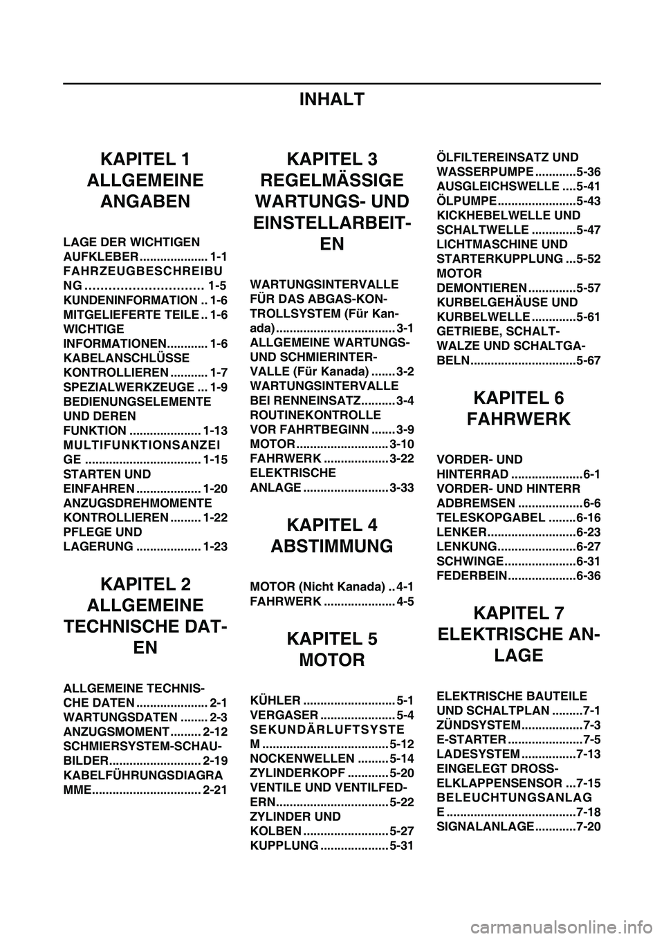 YAMAHA WR 250F 2011  Betriebsanleitungen (in German) 
INHALT
KAPITEL 1
ALLGEMEINE 
ANGABEN
LAGE DER WICHTIGEN 
AUFKLEBER .................... 1-1
FAHRZEUGBESCHREIBU
NG .............................. 1-5
KUNDENINFORMATION.. 1-6
MITGELIEFERTE TEILE .. 1-6