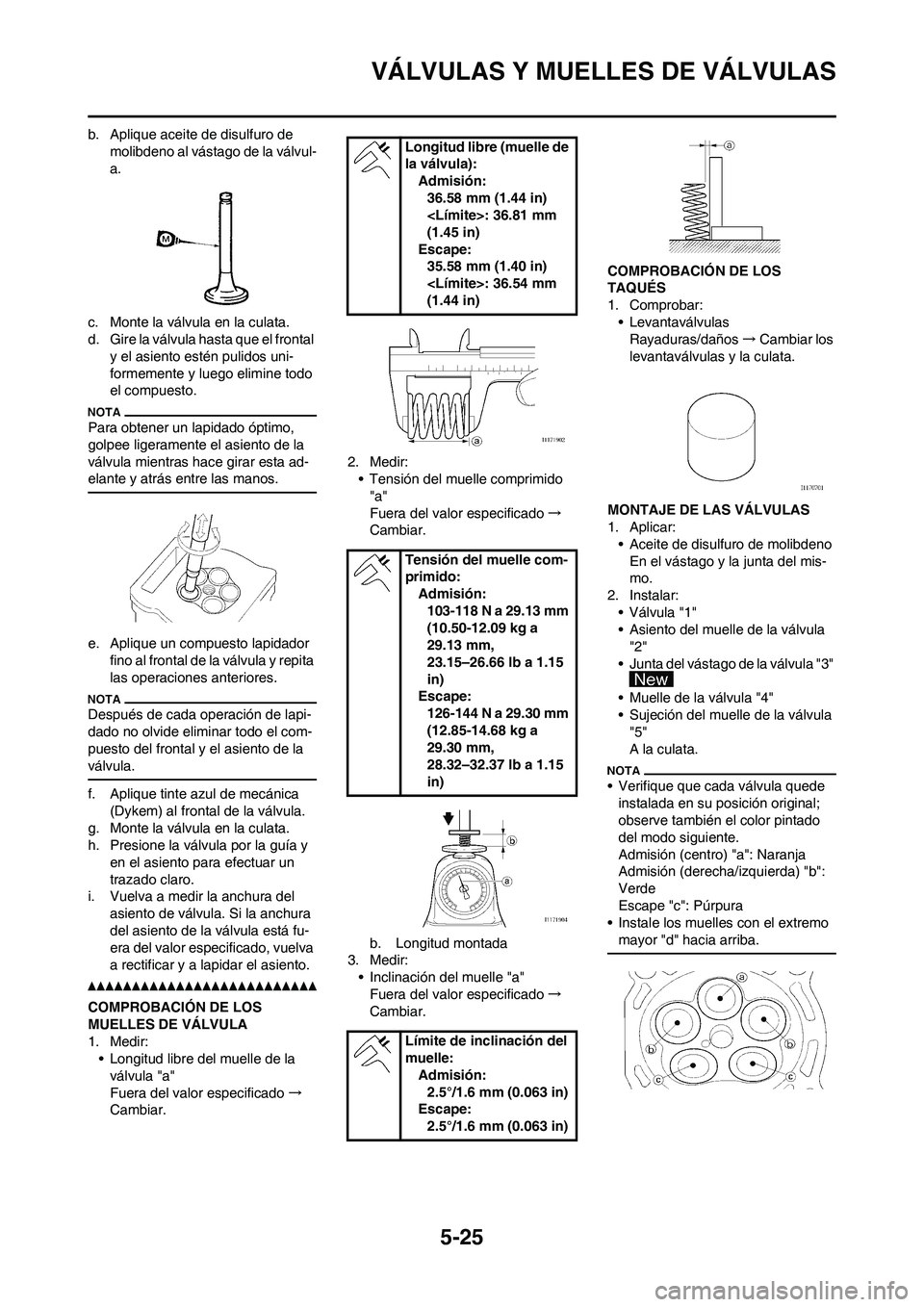 YAMAHA WR 250F 2011 Manuale de Empleo (in Spanish)
5-25
VÁLVULAS Y MUELLES DE VÁLVULAS
b. Aplique aceite de disulfuro de molibdeno al vástago de la válvul-
a.
c. Monte la válvula en la culata.
d. Gire la válvula hasta que el frontal y el asien YAMAHA WR 250F 2011 Manuale de Empleo (in Spanish)
5-25
VÁLVULAS Y MUELLES DE VÁLVULAS
b. Aplique aceite de disulfuro de molibdeno al vástago de la válvul-
a.
c. Monte la válvula en la culata.
d. Gire la válvula hasta que el frontal y el asien