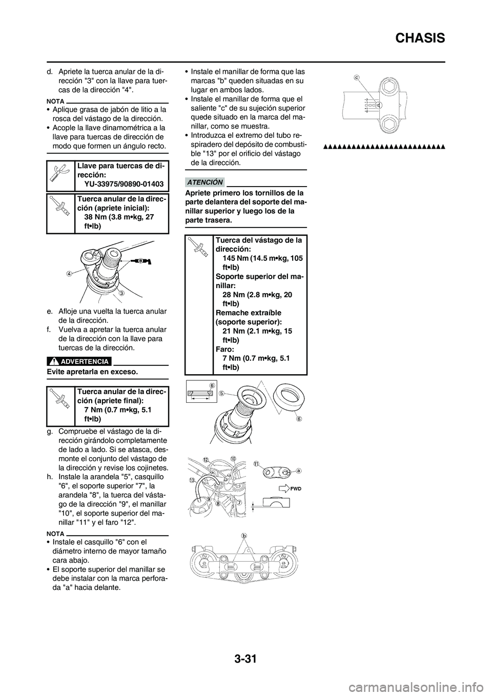 YAMAHA WR 250F 2011 Manuale de Empleo (in Spanish) 3-31
CHASIS
d. Apriete la tuerca anular de la di-
rección "3" con la llave para tuer-
cas de la dirección "4".
• Aplique grasa de jabón de litio a la
rosca del vástago de la dirección.
• Aco YAMAHA WR 250F 2011 Manuale de Empleo (in Spanish) 3-31
CHASIS
d. Apriete la tuerca anular de la di-
rección "3" con la llave para tuer-
cas de la dirección "4".
• Aplique grasa de jabón de litio a la
rosca del vástago de la dirección.
• Aco