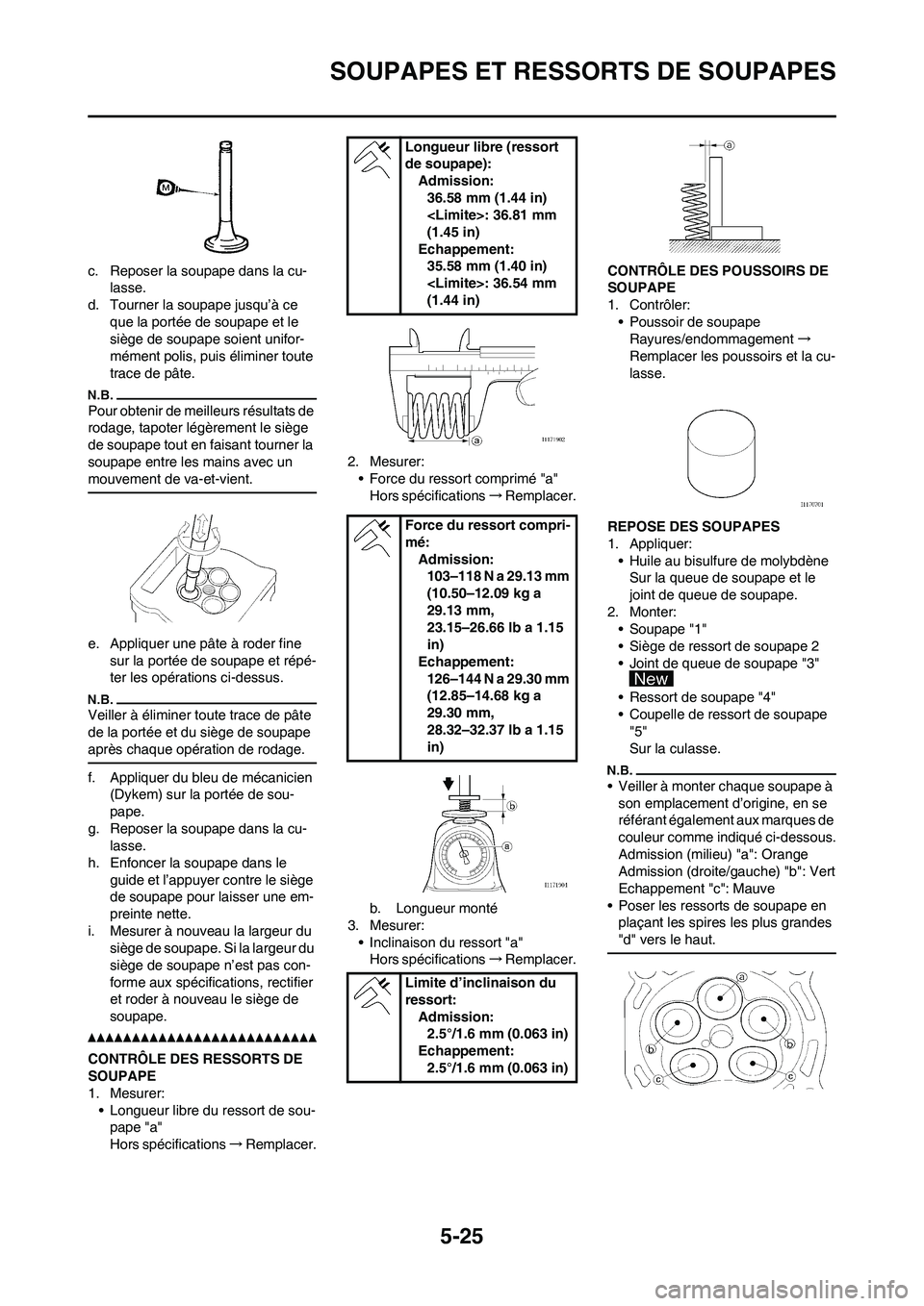 YAMAHA WR 250F 2011 Notices Demploi (in French)
5-25
SOUPAPES ET RESSORTS DE SOUPAPES
c. Reposer la soupape dans la cu-lasse.
d. Tourner la soupape jusqu’à ce que la portée de soupape et le
siège de soupape soient unifor-
mément polis, pui YAMAHA WR 250F 2011 Notices Demploi (in French)
5-25
SOUPAPES ET RESSORTS DE SOUPAPES
c. Reposer la soupape dans la cu-lasse.
d. Tourner la soupape jusqu’à ce que la portée de soupape et le
siège de soupape soient unifor-
mément polis, pui