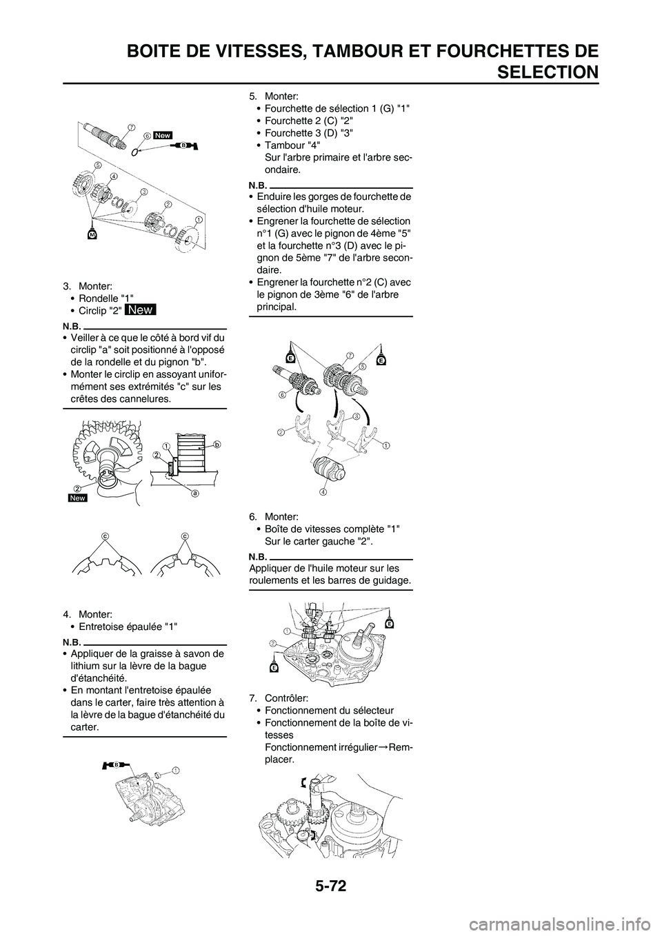 YAMAHA WR 250F 2011 Notices Demploi (in French) 5-72
BOITE DE VITESSES, TAMBOUR ET FOURCHETTES DE
SELECTION
3. Monter:
• Rondelle "1"
• Circlip "2"
• Veiller à ce que le côté à bord vif du
circlip "a" soit positionné à lopposé
de l YAMAHA WR 250F 2011 Notices Demploi (in French) 5-72
BOITE DE VITESSES, TAMBOUR ET FOURCHETTES DE
SELECTION
3. Monter:
• Rondelle "1"
• Circlip "2"
• Veiller à ce que le côté à bord vif du
circlip "a" soit positionné à lopposé
de l