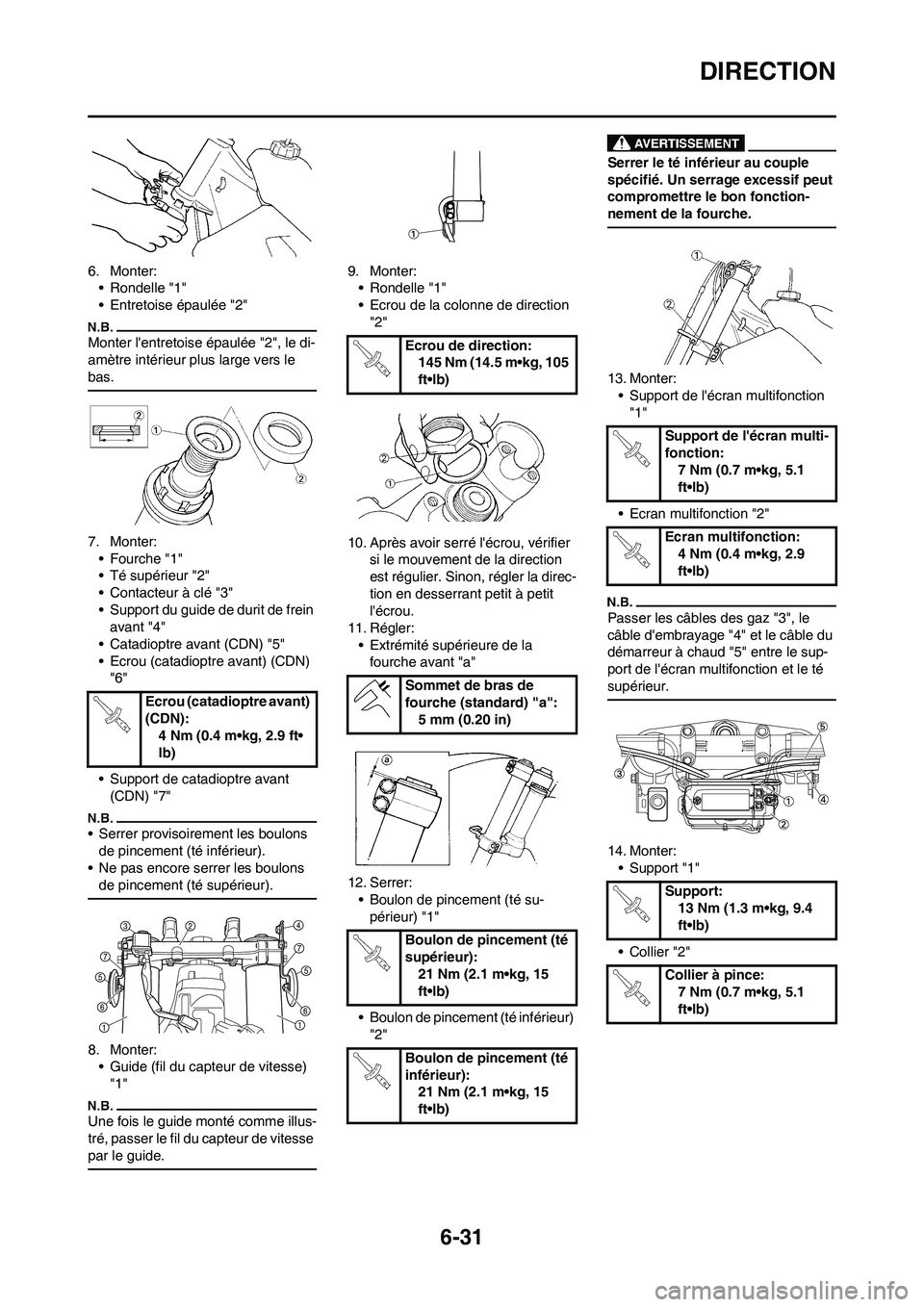 YAMAHA WR 250F 2011 Notices Demploi (in French) 6-31
DIRECTION
6. Monter:
• Rondelle "1"
• Entretoise épaulée "2"
Monter lentretoise épaulée "2", le di-
amètre intérieur plus large vers le
bas.
7. Monter:
• Fourche "1"
• Té supéri YAMAHA WR 250F 2011 Notices Demploi (in French) 6-31
DIRECTION
6. Monter:
• Rondelle "1"
• Entretoise épaulée "2"
Monter lentretoise épaulée "2", le di-
amètre intérieur plus large vers le
bas.
7. Monter:
• Fourche "1"
• Té supéri