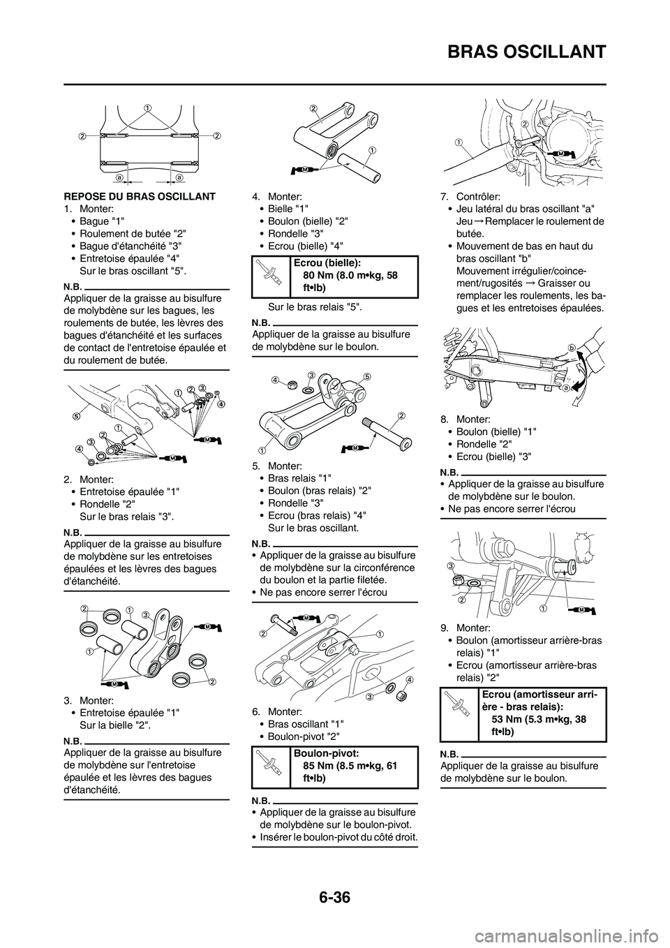 YAMAHA WR 250F 2011 Notices Demploi (in French) 6-36
BRAS OSCILLANT
REPOSE DU BRAS OSCILLANT
1. Monter:
• Bague "1"
• Roulement de butée "2"
• Bague détanchéité "3"
• Entretoise épaulée "4"
Sur le bras oscillant "5".
Appliquer de la YAMAHA WR 250F 2011 Notices Demploi (in French) 6-36
BRAS OSCILLANT
REPOSE DU BRAS OSCILLANT
1. Monter:
• Bague "1"
• Roulement de butée "2"
• Bague détanchéité "3"
• Entretoise épaulée "4"
Sur le bras oscillant "5".
Appliquer de la