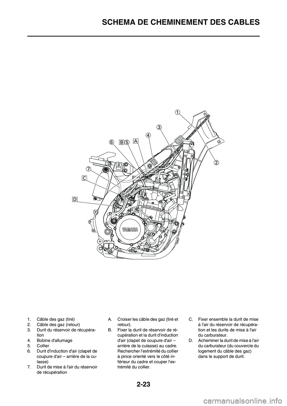 YAMAHA WR 250F 2011  Notices Demploi (in French) 2-23
SCHEMA DE CHEMINEMENT DES CABLES
1. Câble des gaz (tiré)
2. Câble des gaz (retour)
3. Durit du réservoir de récupéra-
tion
4. Bobine dallumage
5. Collier
6. Durit dinduction dair (clapet