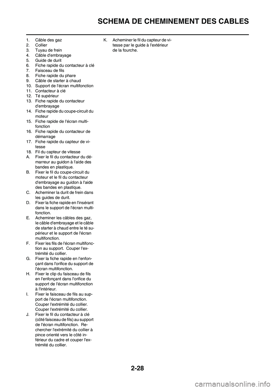 YAMAHA WR 250F 2011  Notices Demploi (in French) 2-28
SCHEMA DE CHEMINEMENT DES CABLES
1. Câble des gaz
2. Collier
3. Tuyau de frein
4. Câble dembrayage
5. Guide de durit
6. Fiche rapide du contacteur à clé
7. Faisceau de fils
8. Fiche rapide d
