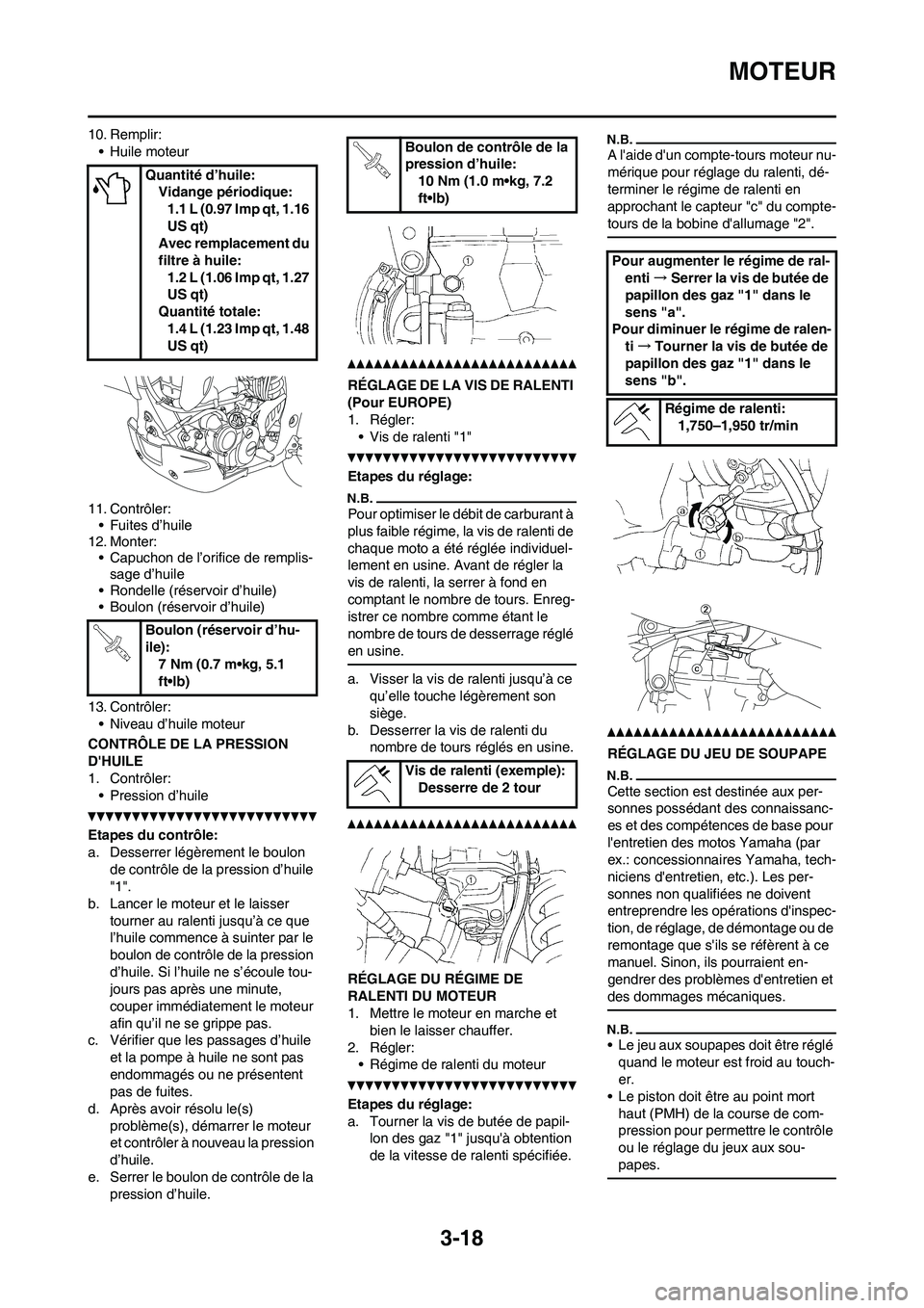 YAMAHA WR 250F 2011 Notices Demploi (in French) 3-18
MOTEUR
10. Remplir:
• Huile moteur
11. Contrôler:
• Fuites d’huile
12. Monter:
• Capuchon de l’orifice de remplis-
sage d’huile
• Rondelle (réservoir d’huile)
• Boulon (réser YAMAHA WR 250F 2011 Notices Demploi (in French) 3-18
MOTEUR
10. Remplir:
• Huile moteur
11. Contrôler:
• Fuites d’huile
12. Monter:
• Capuchon de l’orifice de remplis-
sage d’huile
• Rondelle (réservoir d’huile)
• Boulon (réser