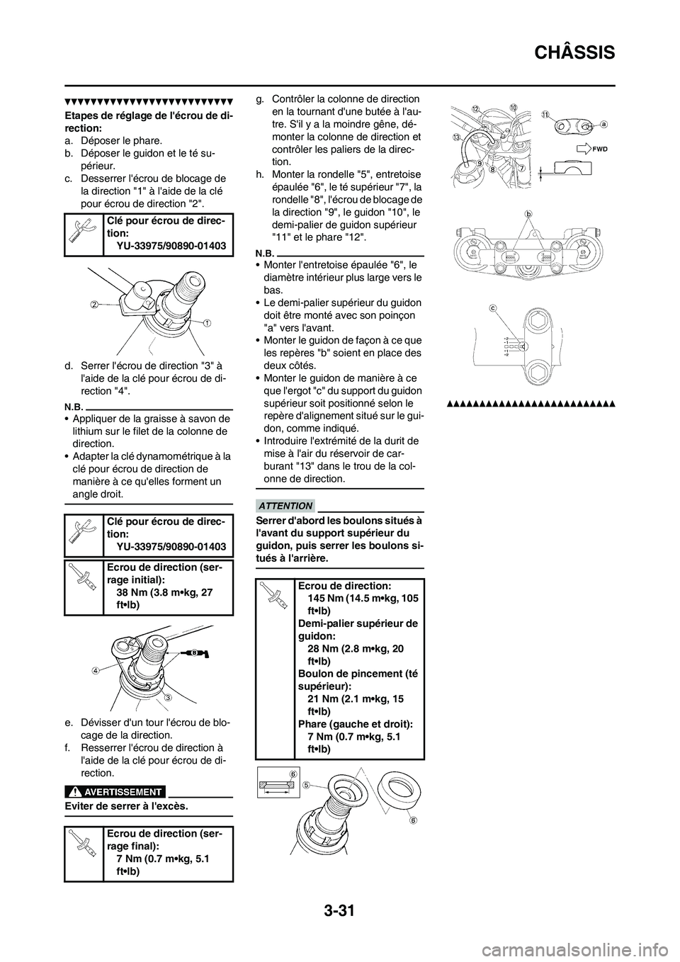 YAMAHA WR 250F 2011 Notices Demploi (in French) 3-31
CHÂSSIS
Etapes de réglage de lécrou de di-
rection:
a. Déposer le phare.
b. Déposer le guidon et le té su-
périeur.
c. Desserrer lécrou de blocage de
la direction "1" à laide de la c YAMAHA WR 250F 2011 Notices Demploi (in French) 3-31
CHÂSSIS
Etapes de réglage de lécrou de di-
rection:
a. Déposer le phare.
b. Déposer le guidon et le té su-
périeur.
c. Desserrer lécrou de blocage de
la direction "1" à laide de la c