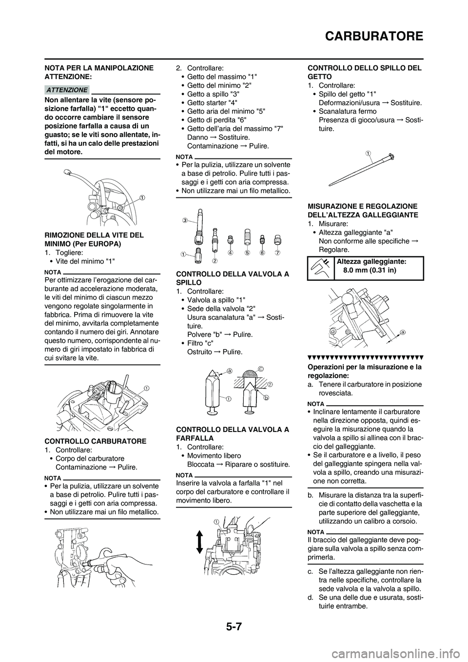 YAMAHA WR 250F 2011  Manuale duso (in Italian) 5-7
CARBURATORE
NOTA PER LA MANIPOLAZIONE 
ATTENZIONE:
Non allentare la vite (sensore po-
sizione farfalla) "1" eccetto quan-
do occorre cambiare il sensore 
posizione farfalla a causa di un 
guasto; 