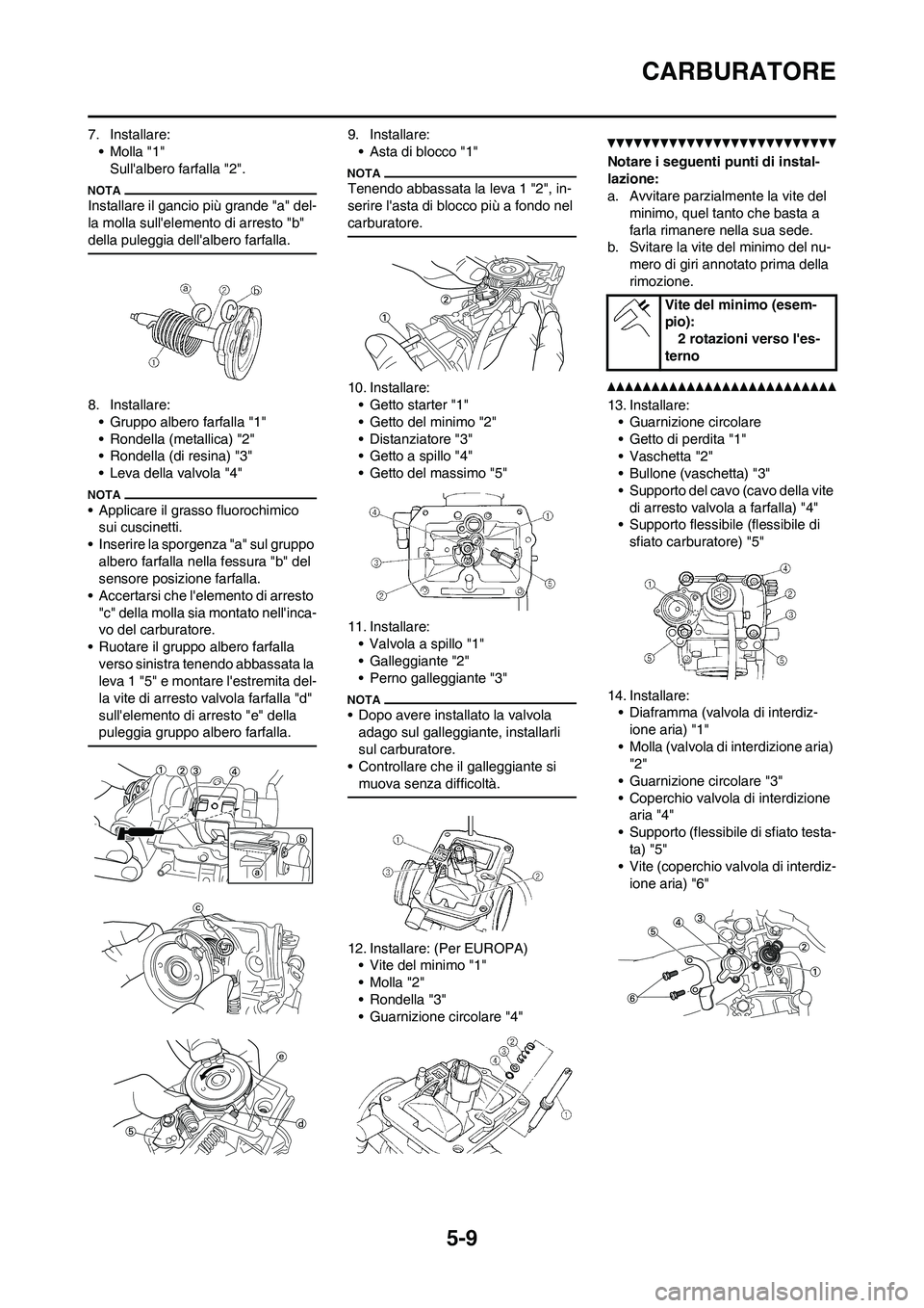 YAMAHA WR 250F 2011  Manuale duso (in Italian) 5-9
CARBURATORE
7. Installare:
•Molla "1"
Sullalbero farfalla "2".
Installare il gancio più grande "a" del-
la molla sullelemento di arresto "b" 
della puleggia dellalbero farfalla.
8. Installar