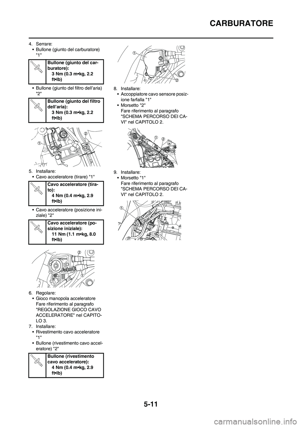 YAMAHA WR 250F 2011  Manuale duso (in Italian) 5-11
CARBURATORE
4. Serrare:
• Bullone (giunto del carburatore) 
"1"
• Bullone (giunto del filtro dell’aria) 
"2"
5. Installare:
• Cavo acceleratore (tirare) "1"
• Cavo acceleratore (posizio