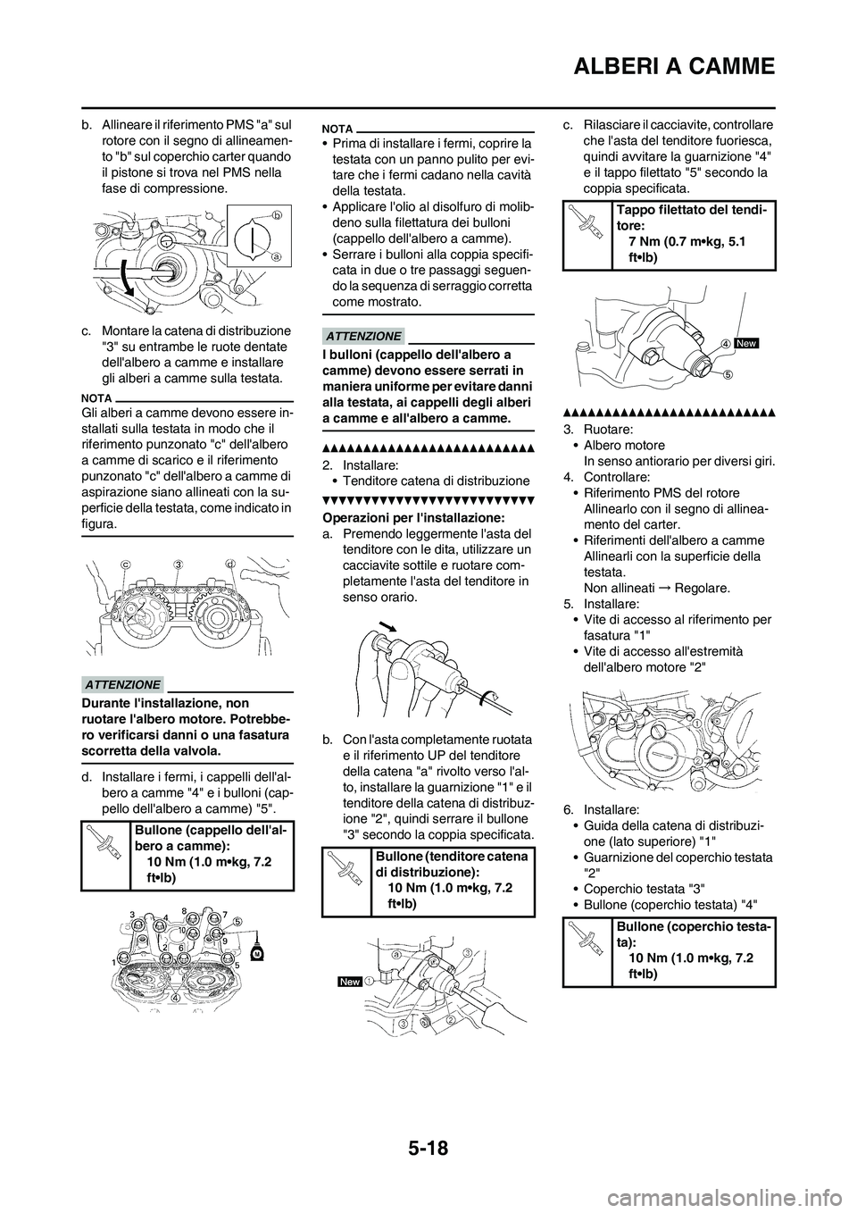 YAMAHA WR 250F 2011  Manuale duso (in Italian) 5-18
ALBERI A CAMME
b. Allineare il riferimento PMS "a" sul 
rotore con il segno di allineamen-
to "b" sul coperchio carter quando 
il pistone si trova nel PMS nella 
fase di compressione.
c. Montare 