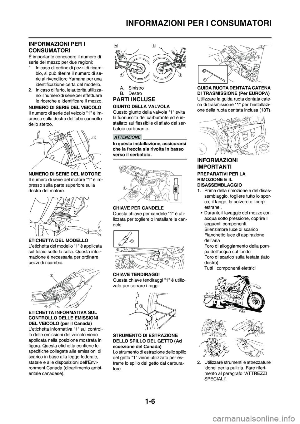 YAMAHA WR 250F 2011  Manuale duso (in Italian) 
1-6
INFORMAZIONI PER I CONSUMATORI
INFORMAZIONI PER I 
CONSUMATORI
È importante conoscere il numero di 
serie del mezzo per due ragioni:
1. In caso di ordine di pezzi di ricam-
bio, si può riferire
