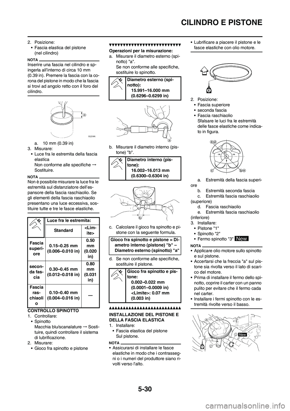 YAMAHA WR 250F 2011  Manuale duso (in Italian) 5-30
CILINDRO E PISTONE
2. Posizione:
• Fascia elastica del pistone
(nel cilindro)
Inserire una fascia nel cilindro e sp-
ingerla all’interno di circa 10 mm 
(0.39 in). Premere la fascia con la co