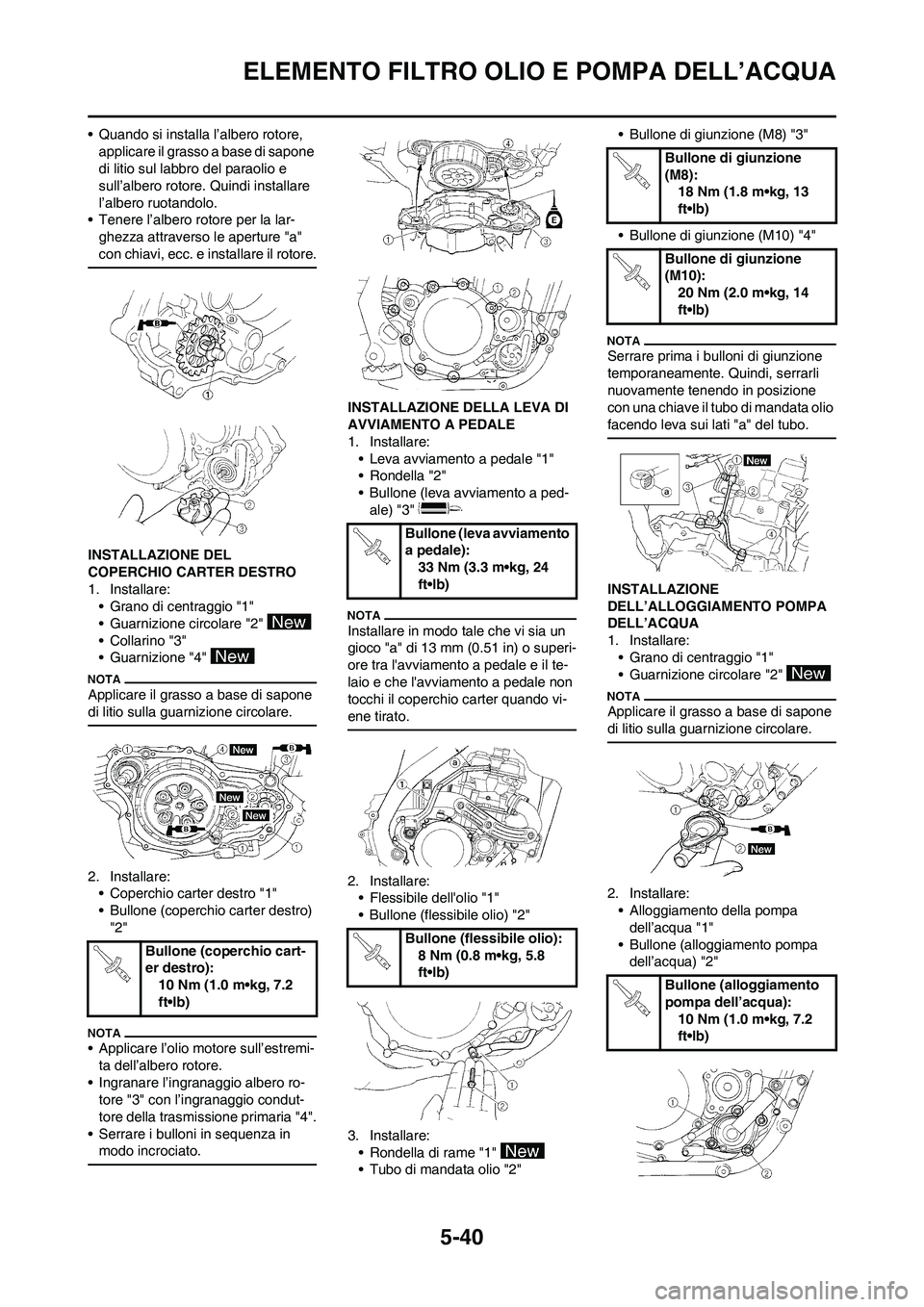 YAMAHA WR 250F 2011  Manuale duso (in Italian) 5-40
ELEMENTO FILTRO OLIO E POMPA DELL’ACQUA
• Quando si installa l’albero rotore, 
applicare il grasso a base di sapone 
di litio sul labbro del paraolio e 
sull’albero rotore. Quindi install