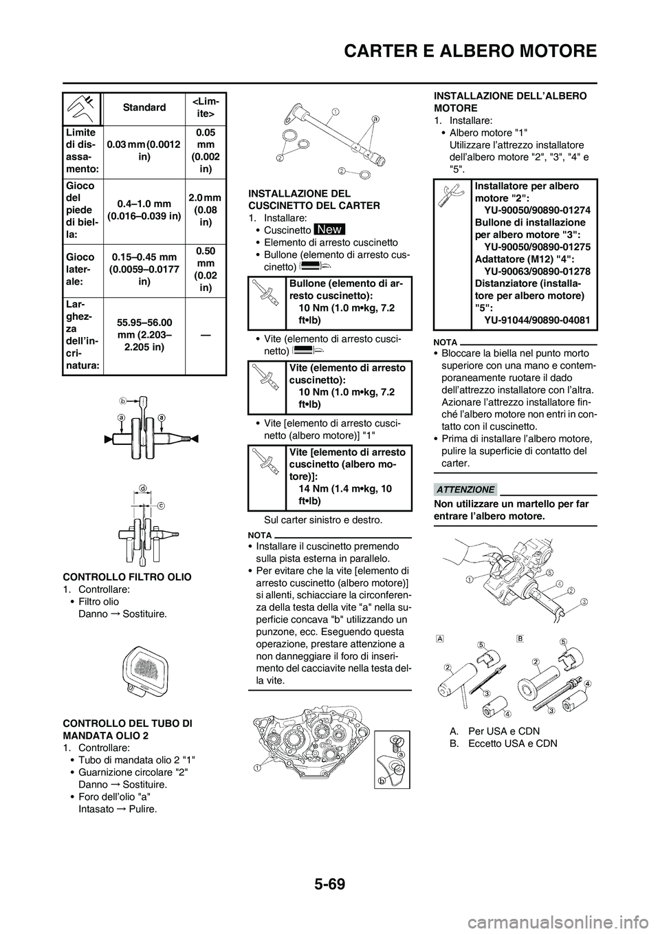 YAMAHA WR 250F 2011  Manuale duso (in Italian) 5-69
CARTER E ALBERO MOTORE
CONTROLLO FILTRO OLIO
1. Controllare:
• Filtro olio
Danno→Sostituire.
CONTROLLO DEL TUBO DI 
MANDATA OLIO 2
1. Controllare:
• Tubo di mandata olio 2 "1"
• Guarnizio