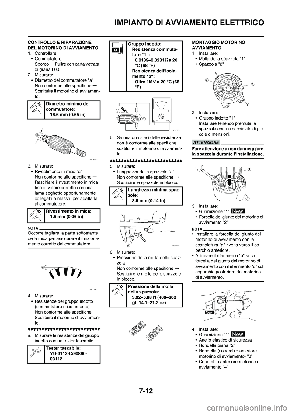 YAMAHA WR 250F 2011  Manuale duso (in Italian) 7-12
IMPIANTO DI AVVIAMENTO ELETTRICO
CONTROLLO E RIPARAZIONE 
DEL MOTORINO DI AVVIAMENTO
1. Controllare:
• Commutatore
Sporco→Pulire con carta vetrata 
di grana 600.
2. Misurare:
• Diametro del