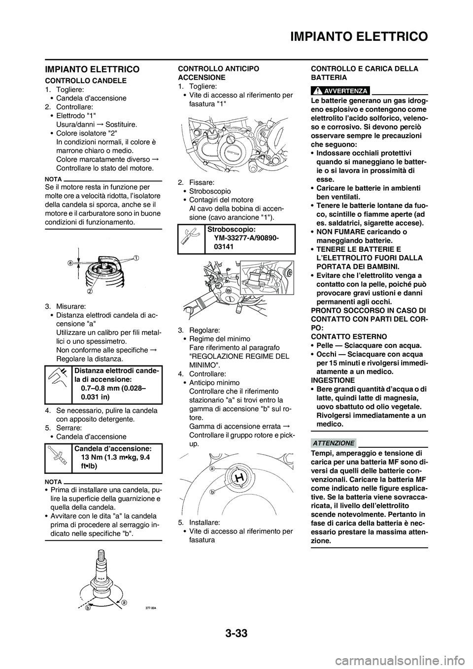 YAMAHA WR 250F 2011  Manuale duso (in Italian) 3-33
IMPIANTO ELETTRICO
IMPIANTO ELETTRICO
CONTROLLO CANDELE
1. Togliere:
• Candela d’accensione
2. Controllare:
• Elettrodo "1"
Usura/danni→Sostituire.
• Colore isolatore "2"
In condizioni 