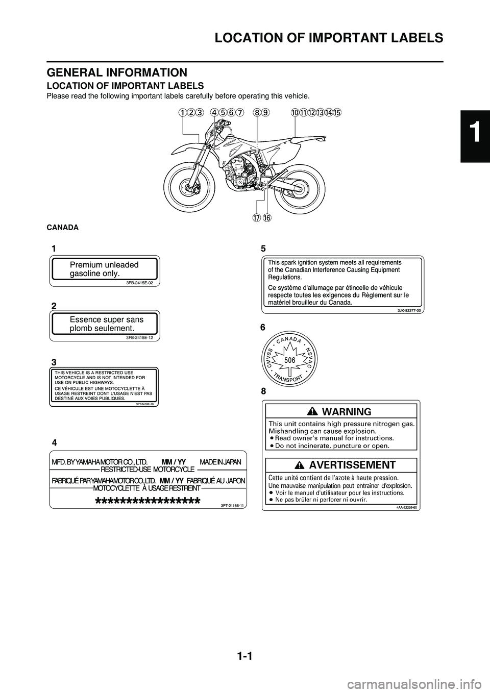 YAMAHA WR 250F 2010 User Guide 1-1
LOCATION OF IMPORTANT LABELS
GENERAL INFORMATION
LOCATION OF IMPORTANT LABELS
Please read the following important labels carefully before operating this vehicle.
CANADA
Essence super sans
plomb se